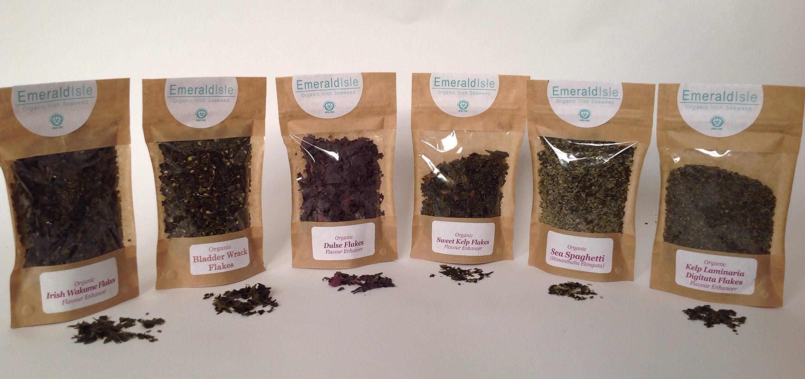 Emerald Isle Seaweed Organic Flakes Granules Herbs, Dulse, algas sudoríparas, Kombu, espaguetis marinos, envoltura de vejiga, reemplazo de sal, potenciador del sabor (las ocho algas)