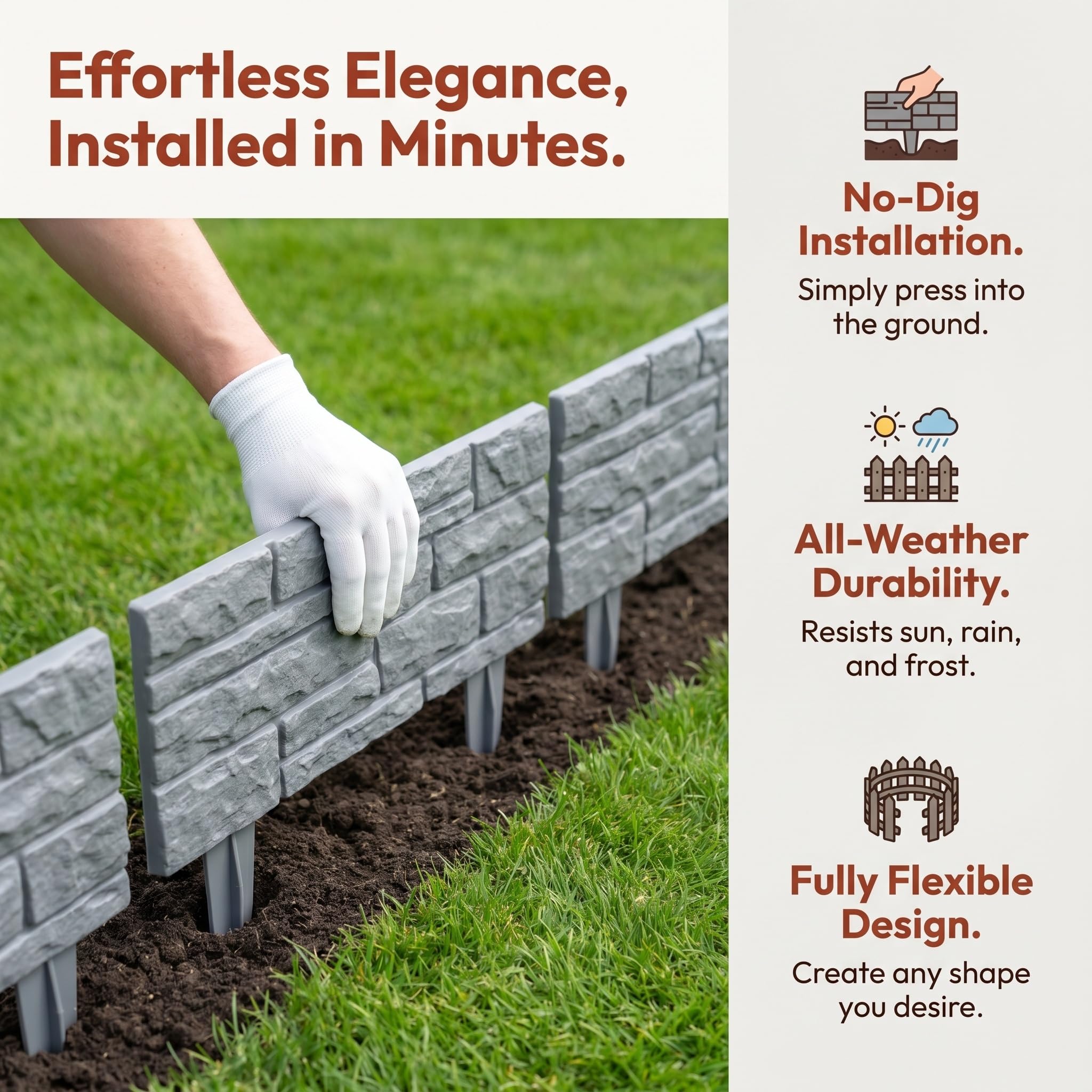 Recinzione di Contenimento per Giardino in Plastica Effetto Pietra - Pannelli per Bordure da Aiuola Effetto Mattone Rimovibili per Un Facile Montaggio E Unelegante White 15PCS