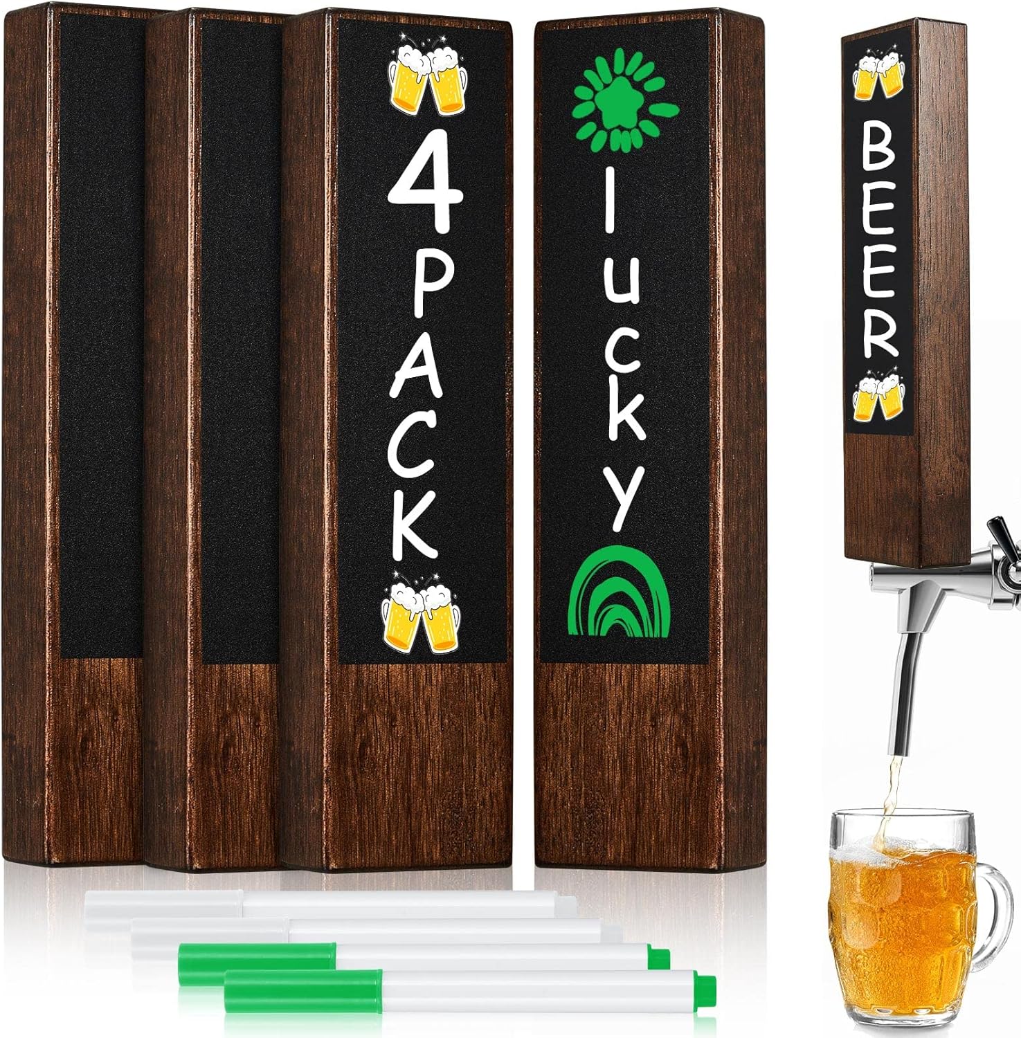 Queekay 4 Pcs Chalkboard Beer Tap Handles Wooden Walnut Keg