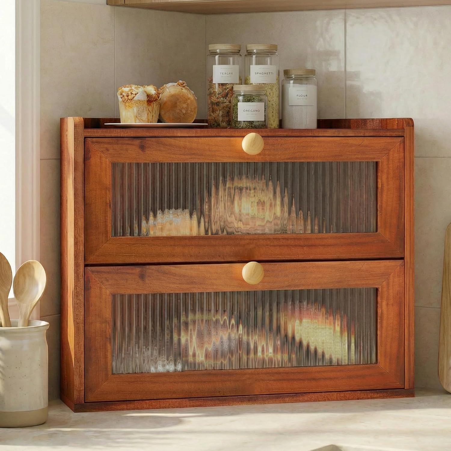 Corner Bread Box for Kitchen Countertop, Large Wooden Farmhouse Vintage 2 Tier Bread Container for Sourdough Loaf & Homemade Bread, Counter Organizer for Bread, Cup, Fruit, Spice, Snack