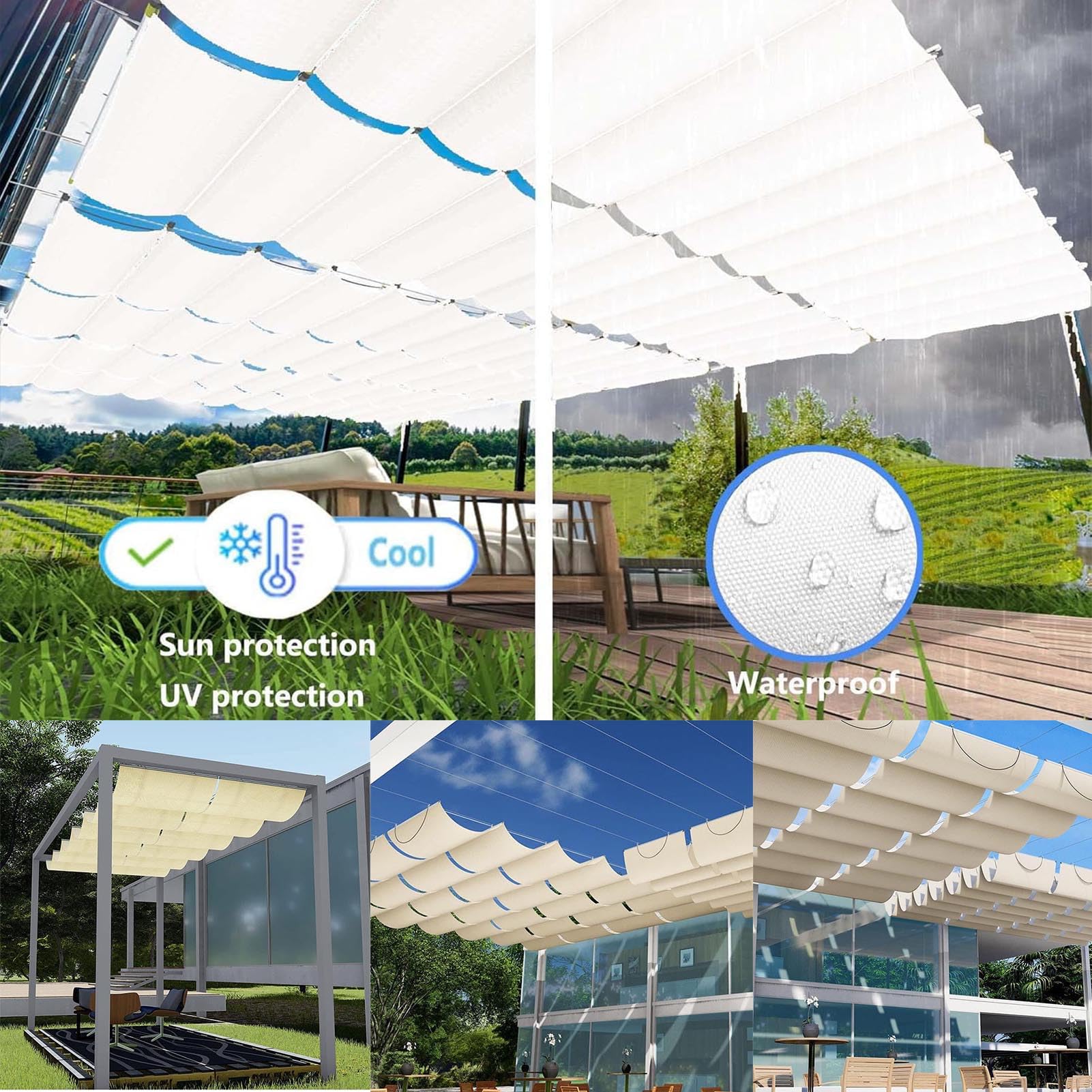 2025 Ausziehbares Sonnensegel, wasserdicht, UV-beständig, für Außenbereich, Garten, Terrasse, 2 x Schutz
