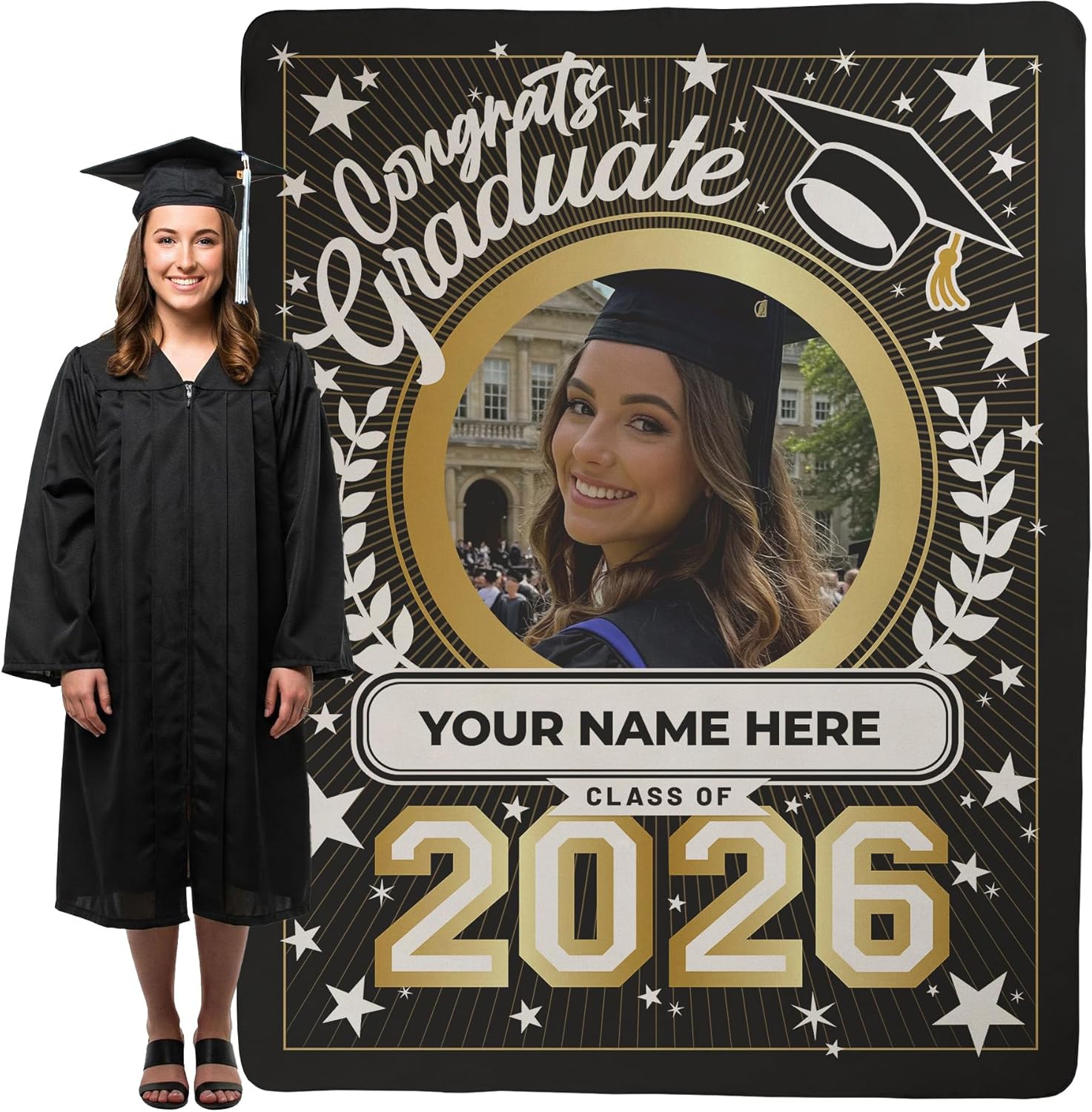 Customizable Graduation Blanket 2026 - Name & Photo or Non-Personalized - High School, College, Middle School Graduates, Class of 2026 Gift; 60"x80" Sherpa Fleece, 1-Sided Printing, Printed in The USA