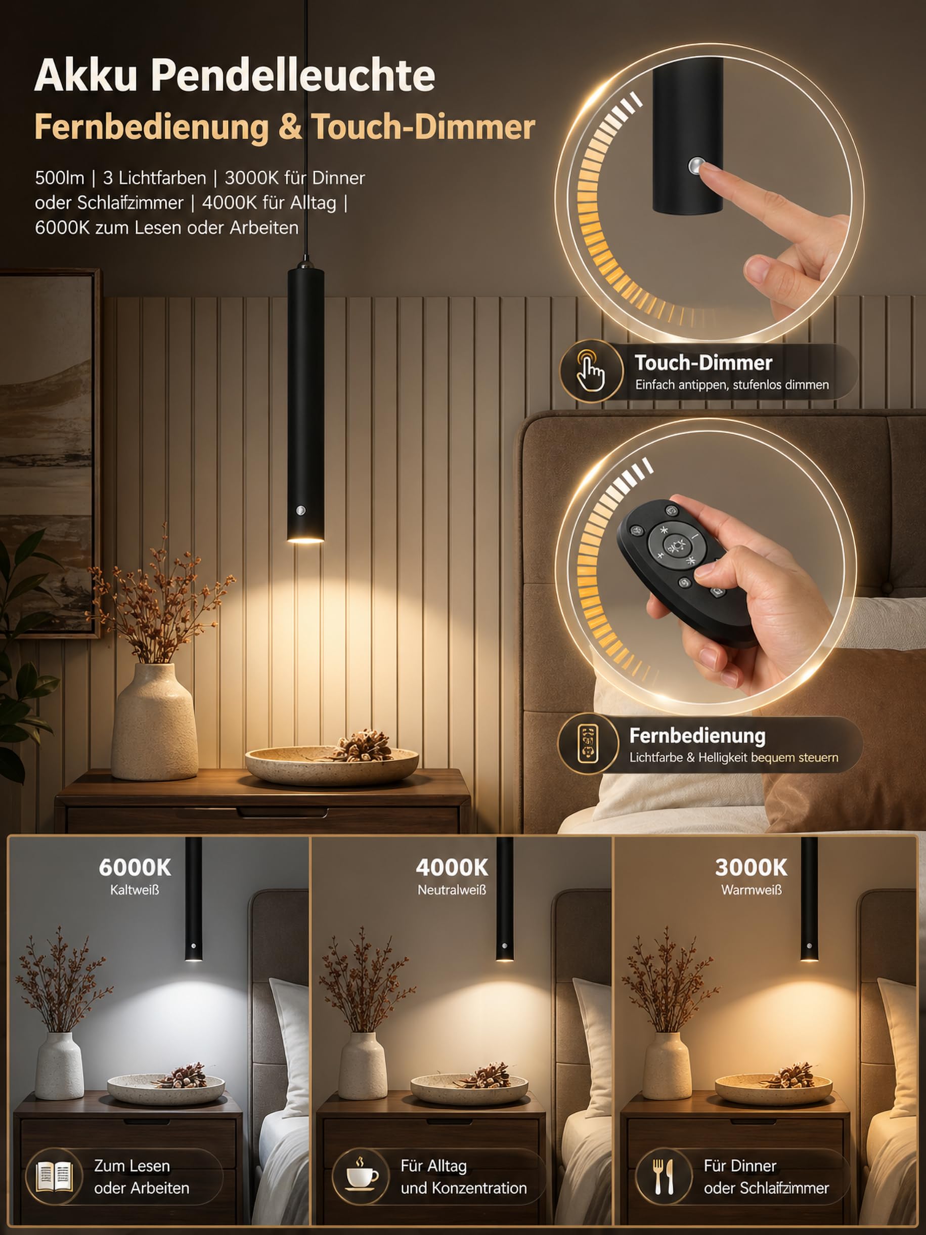 ACMHNC Akku Pendelleuchte, 2er LED Hängelampe mit Batterie 4500mAh, Dimmbare mit Fernbedienung, Timer 1/2/4/6H, 3 Lichtfarben, 5W Pendelleuchte Schwarz für Schlafzimmer, Esstisch, Ø4x30cm