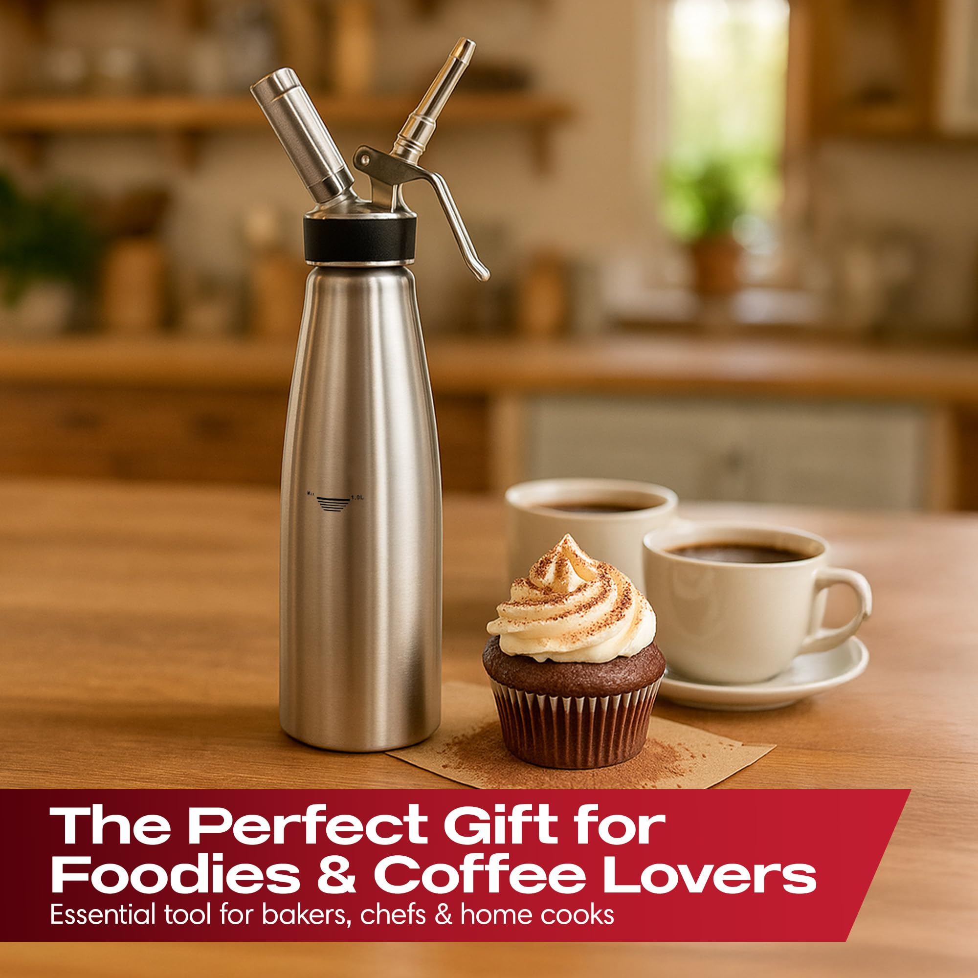 Chef-Master 90079 Dispensador de crema, dispensador de crema batida para gofres, café, pasteles, dispensador de crema batida de grado chef, diseño profesional de acero inoxidable, grande, 1 litro/2
