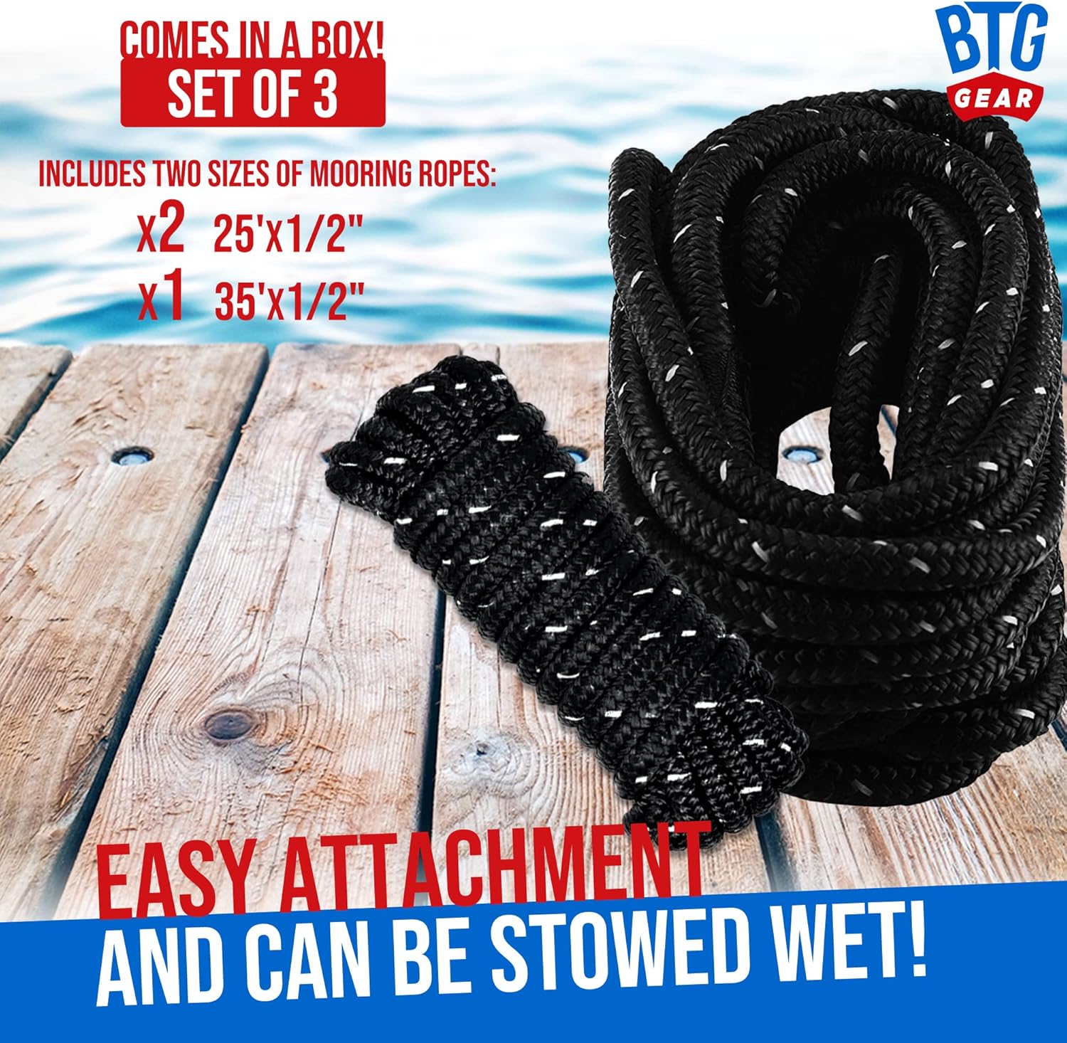 Heavy Duty 1/2" Marine Ropes Dock Line Reflective Boat Kit-Bow Lines for Boats up to 36'-Includes (Two 25'x1/2" Bow Lines, ONE 35'x1/2" Spring)-Double Braided Nylon Dock Kit (Rope with Loop)