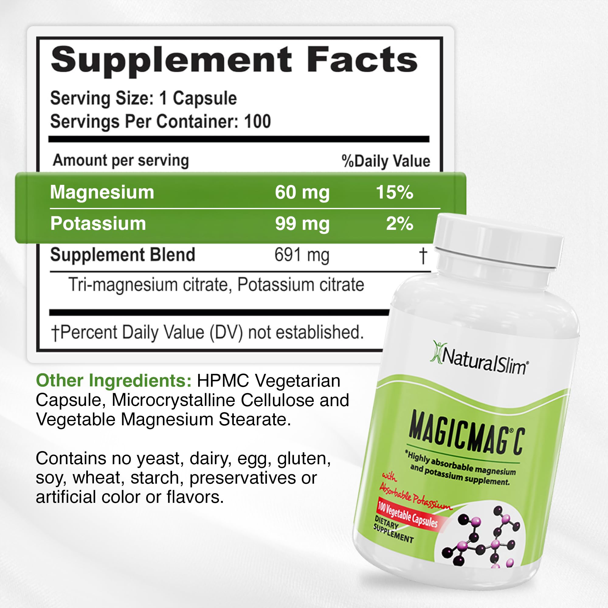 NaturalSlim Potassium Magnesium Supplement 100 Capsules – MagicMag C Magnesium Citrate Supplements for Sleep Support, Heart Health, and Muscle Cramp Relief | Gluten-Free 3 Pack