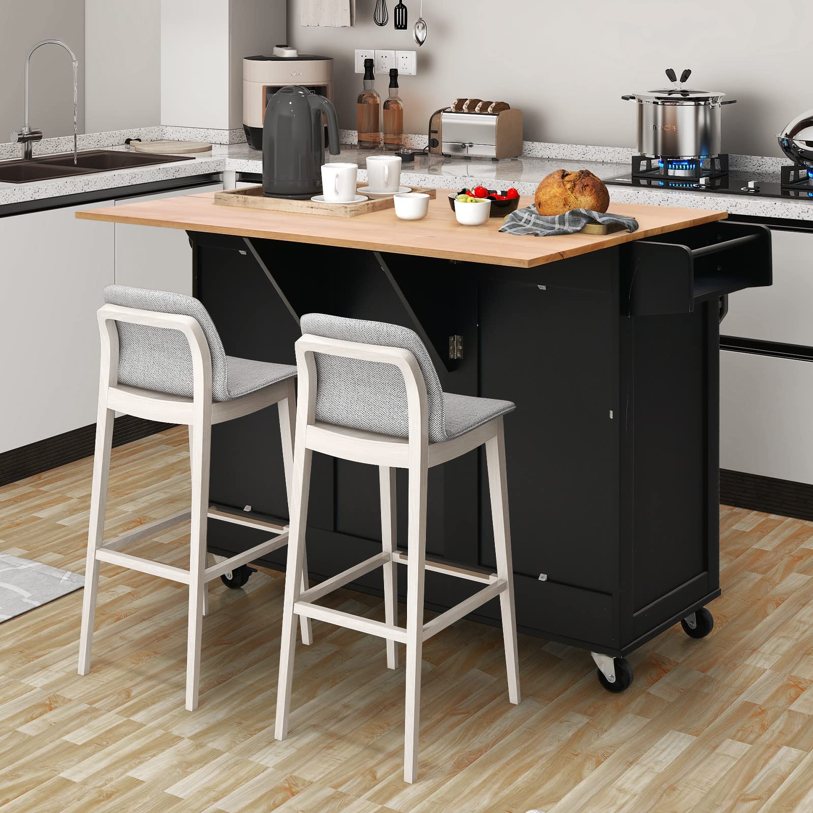 GYMAX Carrello da Cucina, con 2 Armadietti, 1 Cassetto, 1 Scomparto e 1 Portabottiglie, Tavolo Isola per Servizio con 4 Ruote, Portaspezie e Portasciugamani, 130 x 74 x 90 cm (Nero)