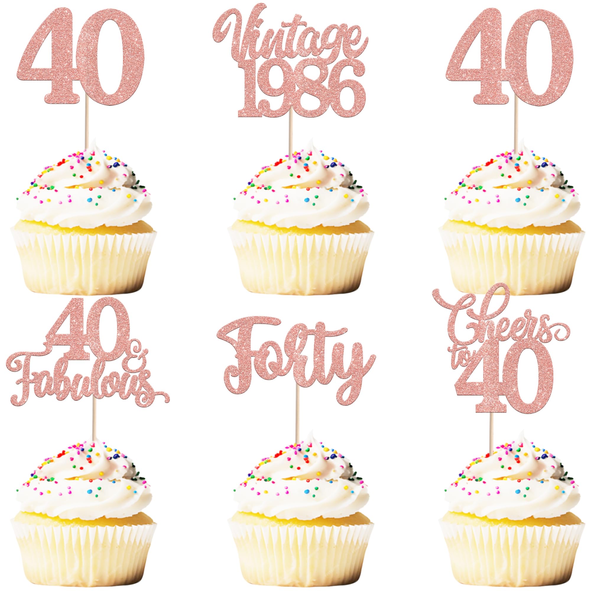 30 Pack Happy 40th Birthday Cupcake Toppers Glitter Hello 40 Forty Vintage 1986 Cupcake Picks Cheers to 40 Party Decorations for 40th Birthday Anniversary Party Cake Decorations Rose Gold