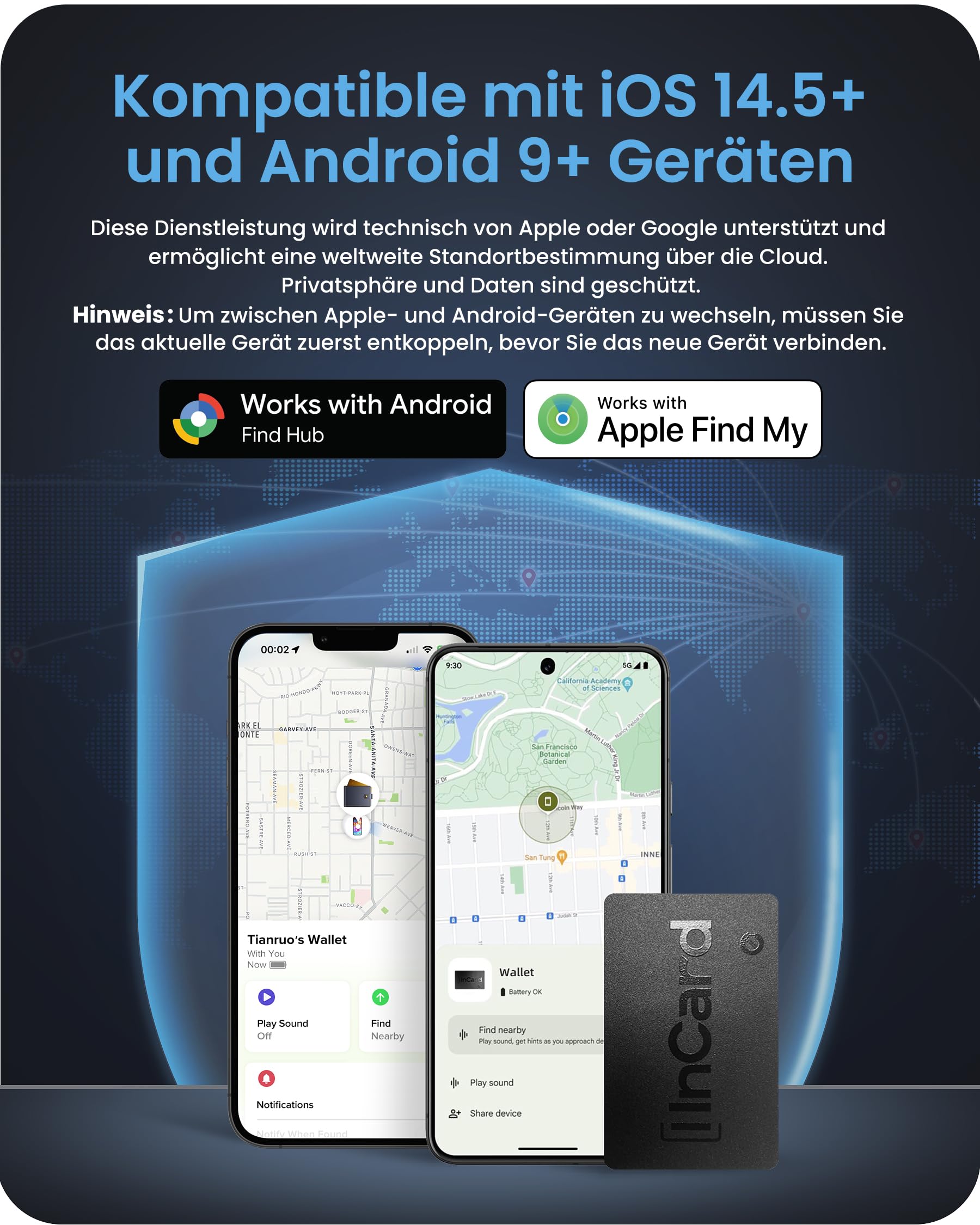 Wallet Tracker Card für sowohl Googles Find My Device als auch Apples Find My, mit 5-jähriger Akkulaufzeit und, wasserdichter Bluetooth-Tracker für Reisepass, Geldbörse, Taschen, 2er-Pack