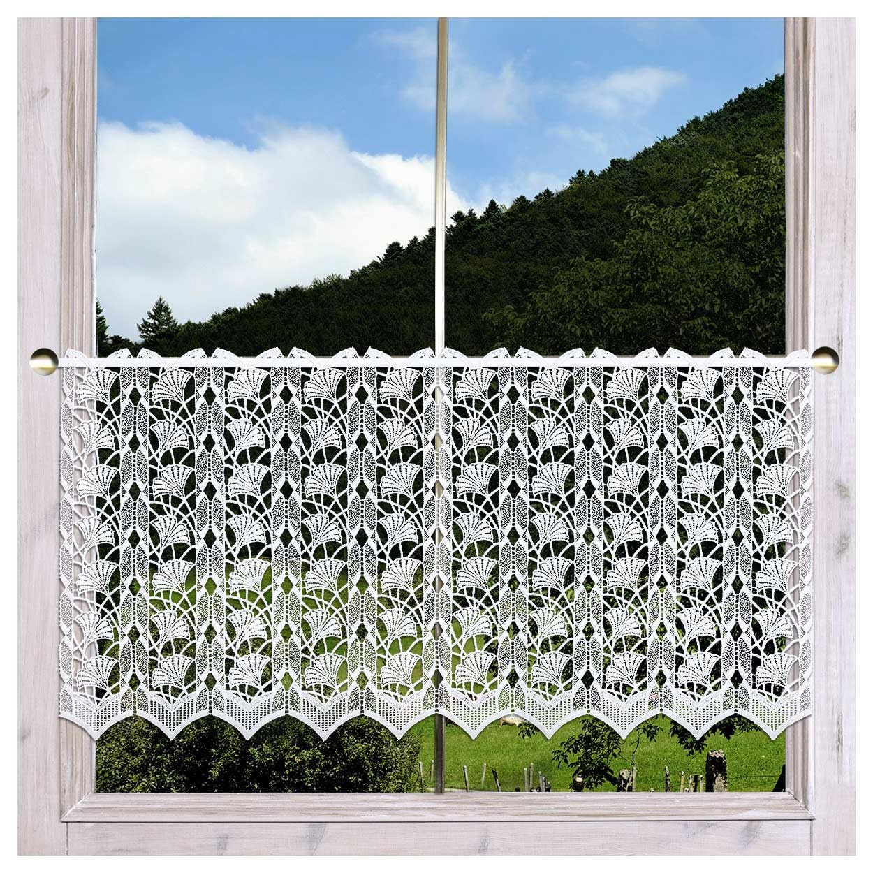 Scheibengardine Galina Echte Plauener Spitze Scheibenhänger mit Ginko-Blättern Moderne Spitzengardine in weiß 41 x 80 cm