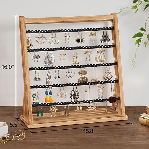 Vista 6 de Organizador de aretes, soporte de madera rústica para aretes, organizador de joyas de 5 capas con 270 agujeros de árbol para aretes, estante