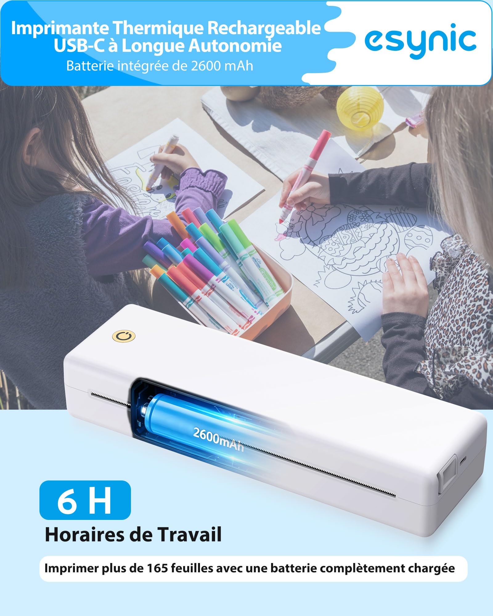 eSynic Imprimante Thermique Portable A4 Bluetooth USB Compatible iOS Android Windows MacOS