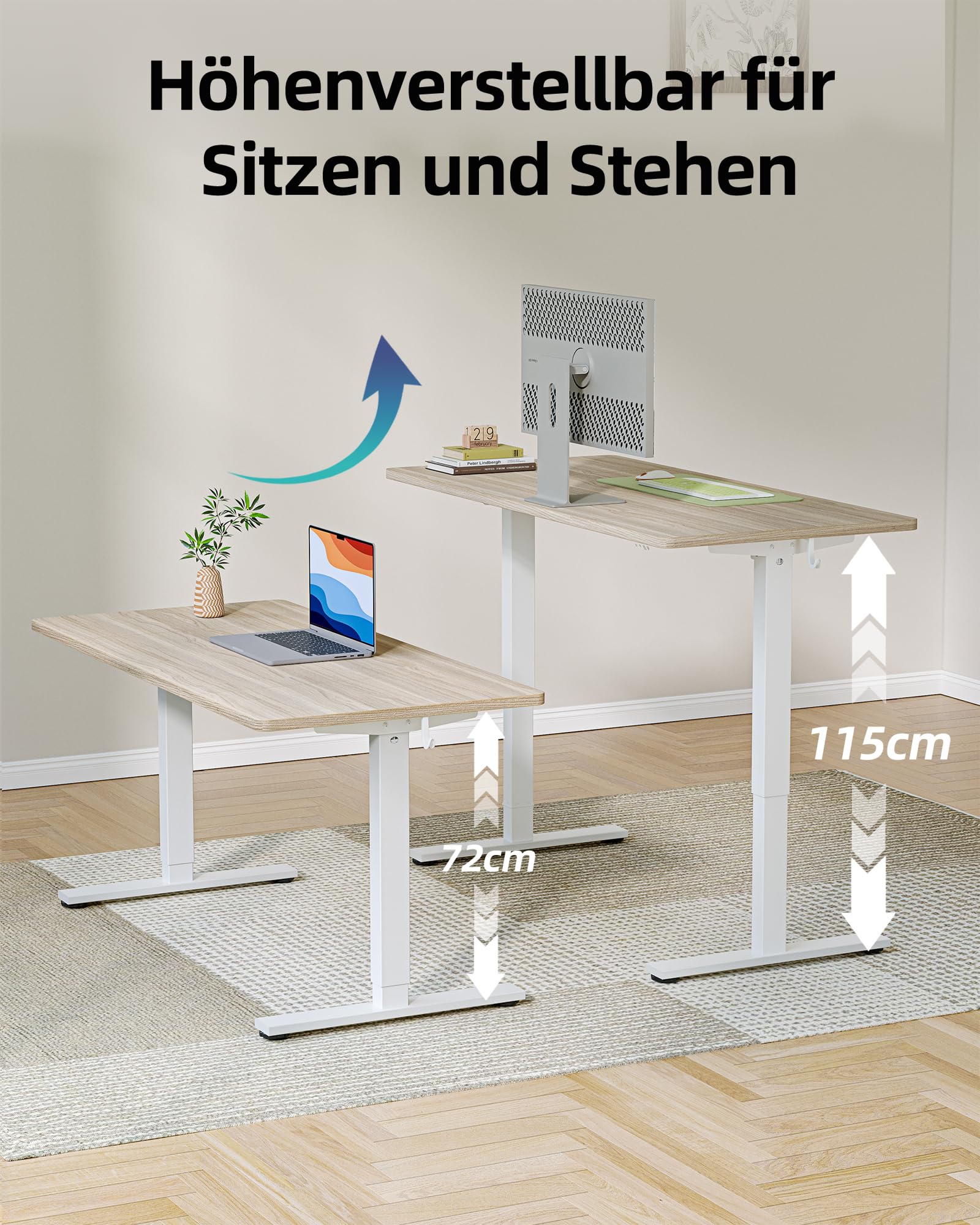 BEXEVUE scrivania elettrica regolabile 140×70 cm – Tavolo ergonomico per lavorare in piedi e seduti, stabile e silenzioso con 2 tasti memoria, Noce chiaro
