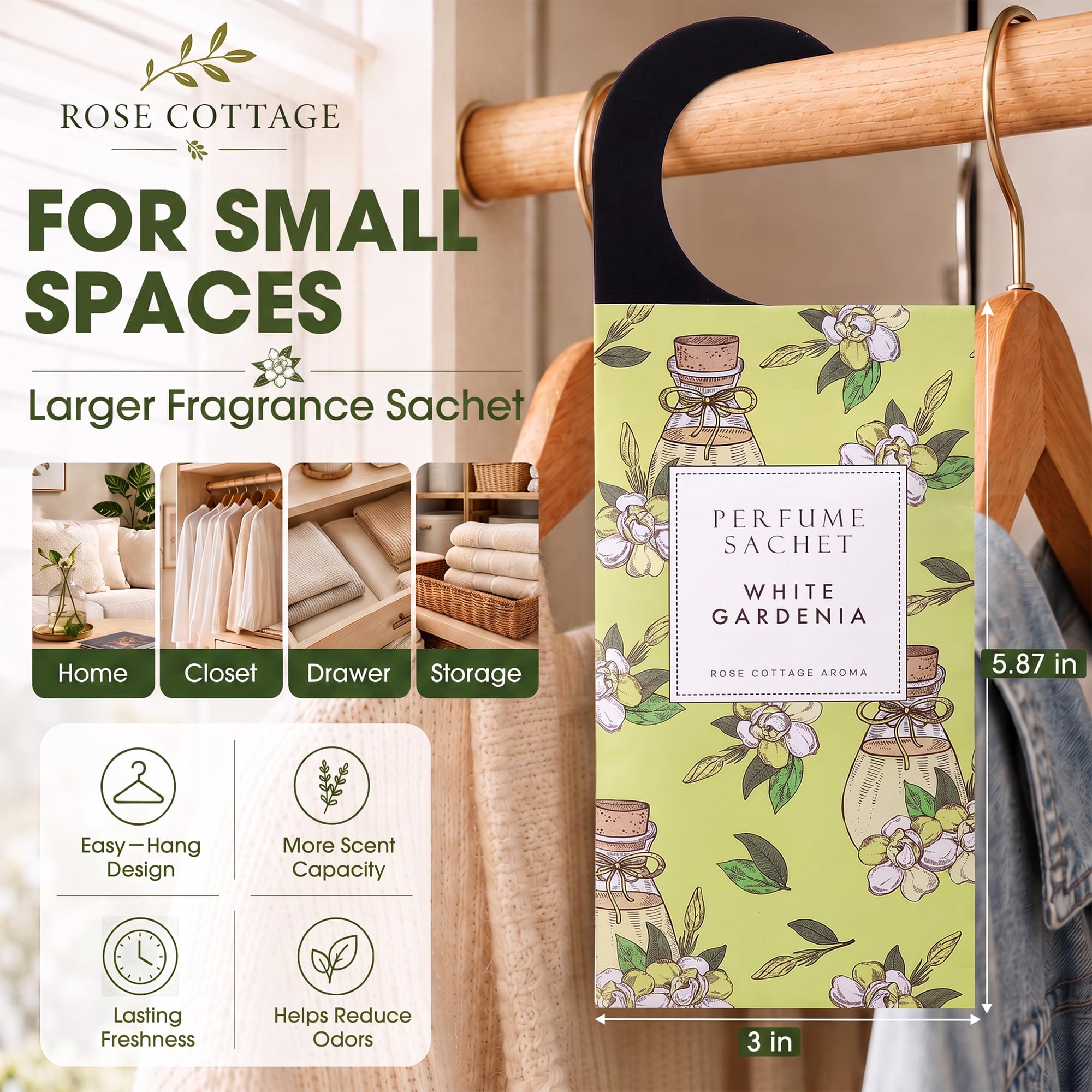 ROSE COTTAGE 12 paquetes grandes de Gardenia blanco para colgar en el armario, ambientador de aire de larga duración, bolsas perfumadas para el hogar