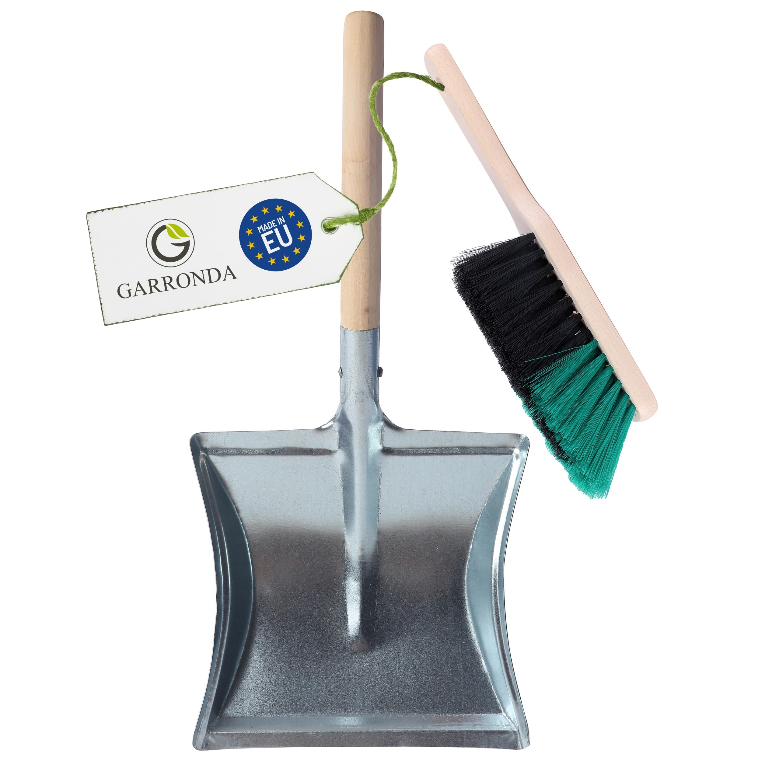 Garronda Kehrschaufel Set mit Metallschaufel mit Holzgriff und Handfeger aus Holz und Synthetik Kehrblech Kehrbesen für Haushalt GD-0010 (Schwarz/Grün + Silber)