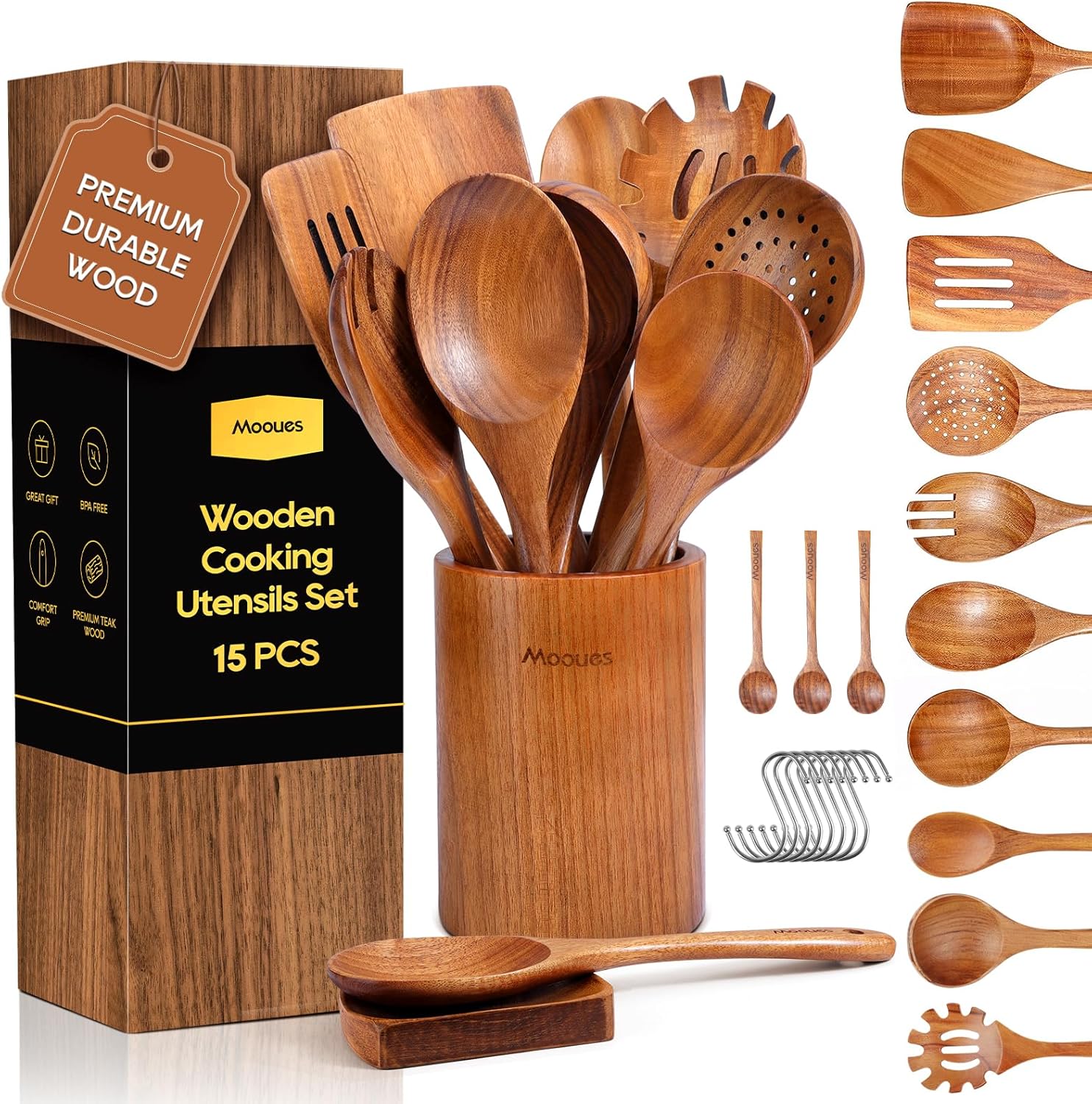 15Piece Wooden Spoons for Cooking Natural Teak Wooden Kitchen Utensils Set Comfort Grip
