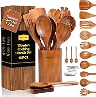 Vista 13 de Cucharas de madera para cocinar, utensilios de madera para cocinar, juego de utensilios de cocina de madera de teca natural, agarre cómodo