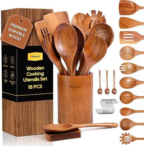 Mooues Wooden Kitchen Utensil Set, 15 Piece Natural Teak with Spoon Rest