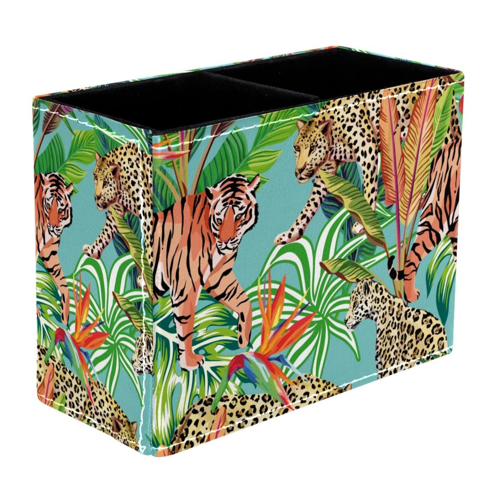 VAPOKF Leopard and Tiger on Jungle Pen Holder for Desk, 2 Compartments Pen Pot Pencil Holders Makeup Brushes Storage Desktop Stationary Supplies Organiser for Home Office