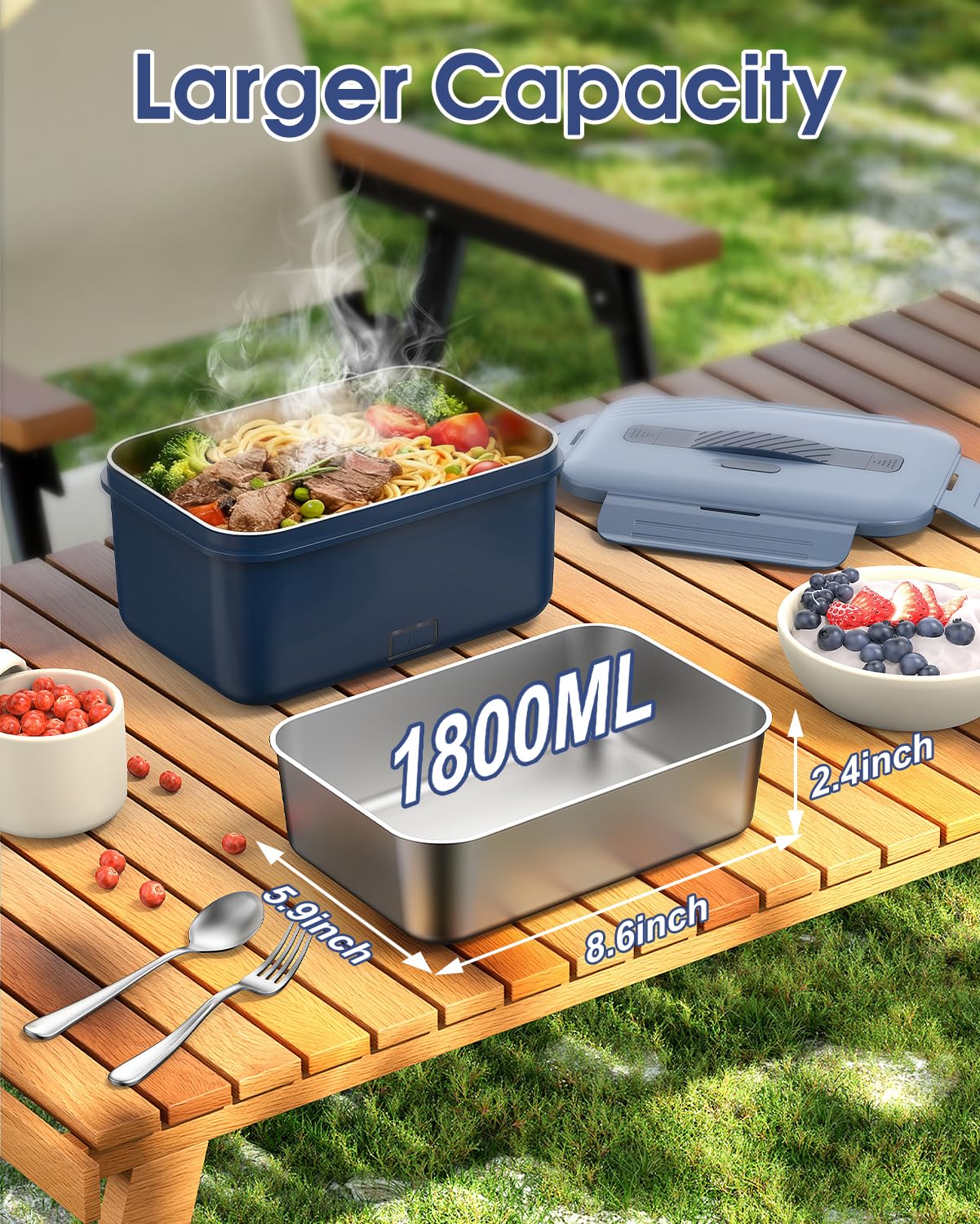 1,8L Elektrische Lunchbox Kabellos, 8000mAh Wiederaufladbare Batterie Heated Lunch Box, 75W Schnellaufhezung & Warmhaltefunktion,Selbstaufwärmende Lebensmittelwärmer für Auto,LKW,Büro,Camping,Outdoor