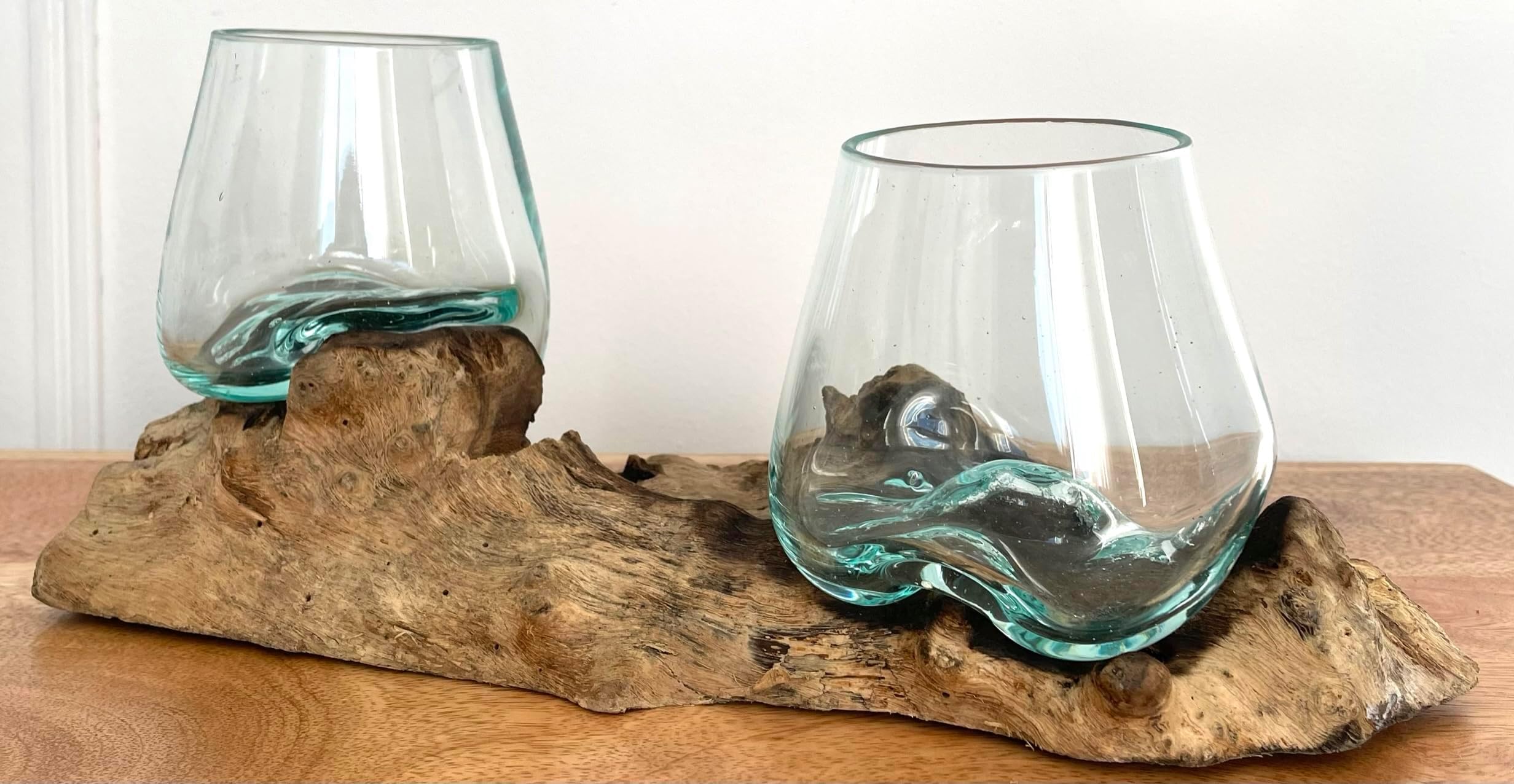 Molten Glass Round Decorative Bowl On Wood Root Stand Glass Rustic Ornament Sculpture Key Sweet Display Dish (Double 27cm)