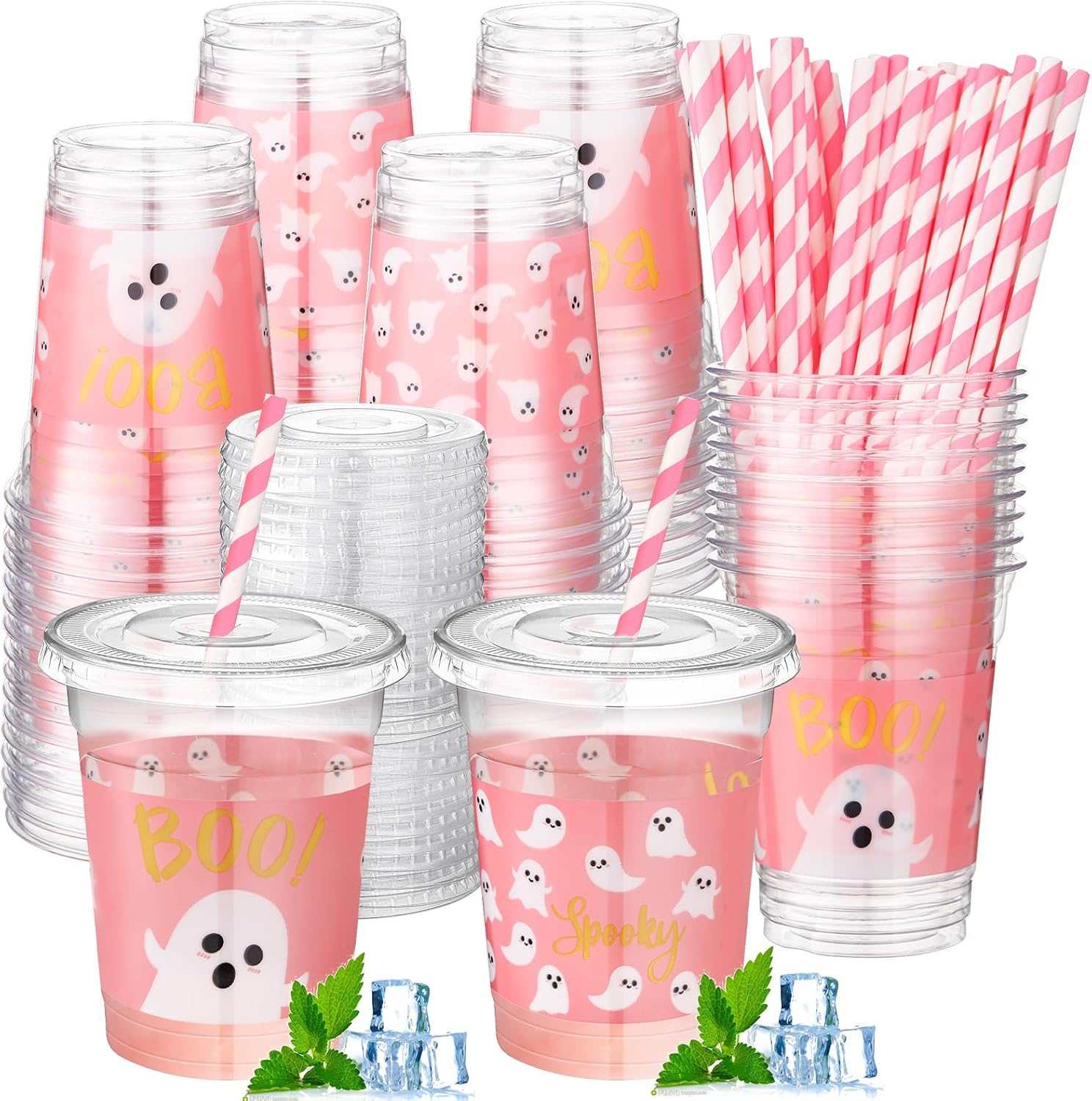 50 Pcs Party Disposable Plastic Cups 12 oz with Lids Straws Themed Party Supplies Plastic Tumbler for Birthday Table Decorations Favors(Halloween Ghost,Pink)