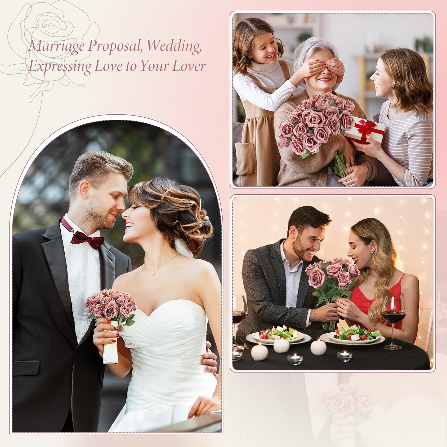 Hotop 20 Pcs Artificial Rose Flowers with Long Stem,Real Touch Silk Realistic Plastic Bouquet Roses Bulk for Home Decor Bridal Wedding Party Table Centerpieces Decorations(Dusty) - Image 5