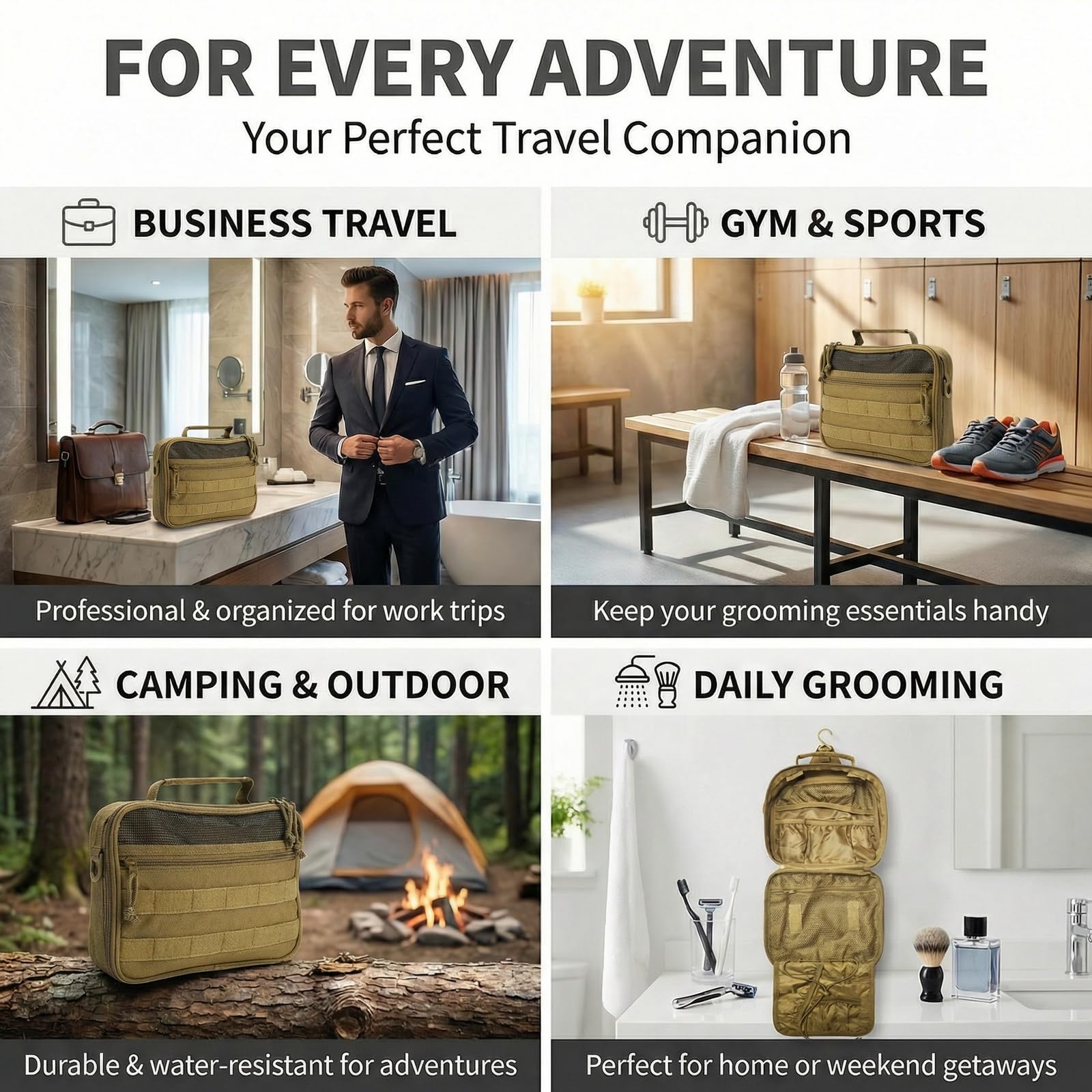 VELVEBAG Taktische Kulturtasche für Herren, Kulturbeutel, Reisetasche, hängend, wasserdicht, für Reisen, Rasieren, Hygiene-Tasche, Badezimmer, mehrere Taschen, Organizer, für kurze Reisen, Camping und