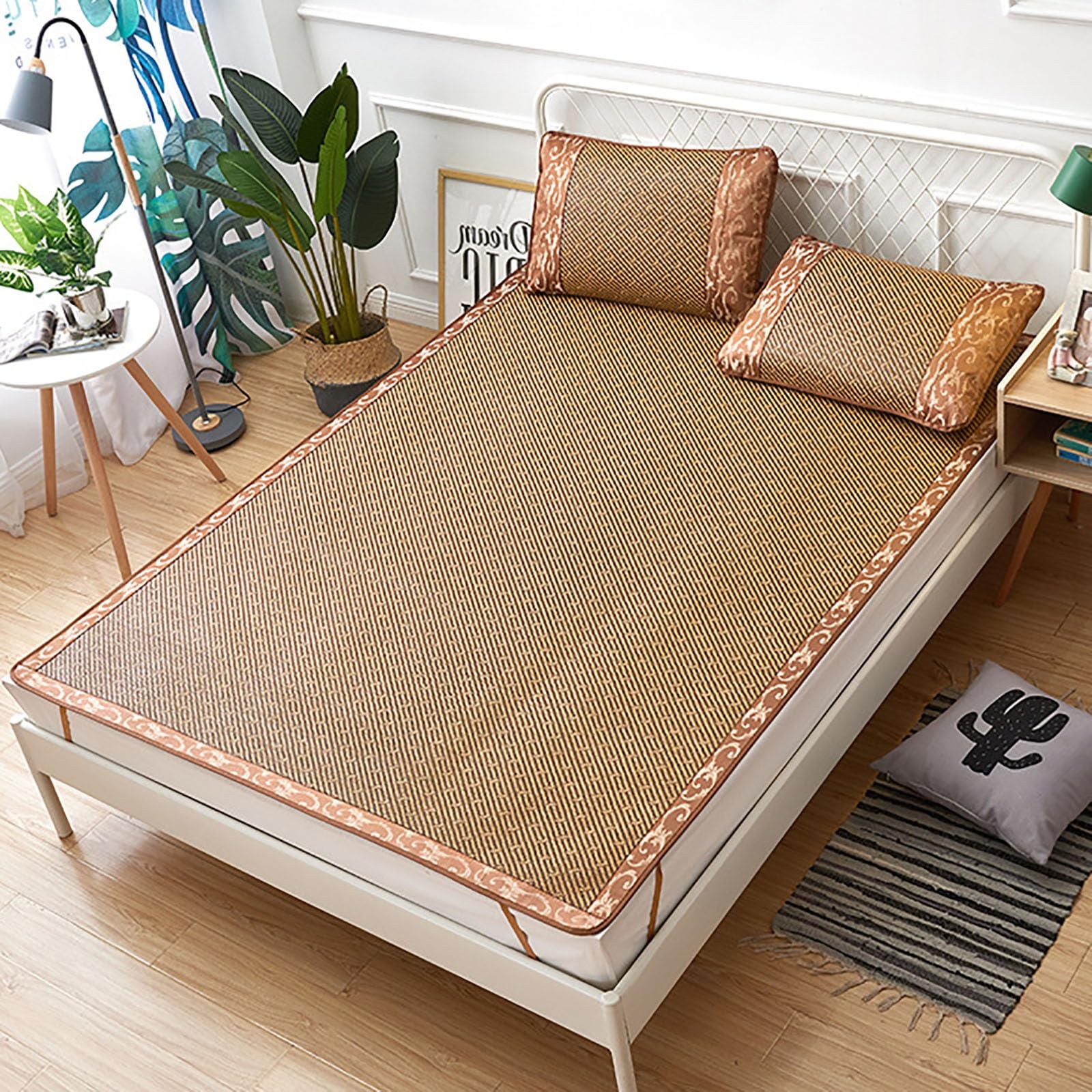 Summer Bamboo Sleeping mat, Foldable Double Sided Bamboo mat for bed, Home Quick Cooling Textile Rattan Mat Grid Fitted Sheet Set Summer Bed Cover, Various Specifications(Color D,120 * 195cm)