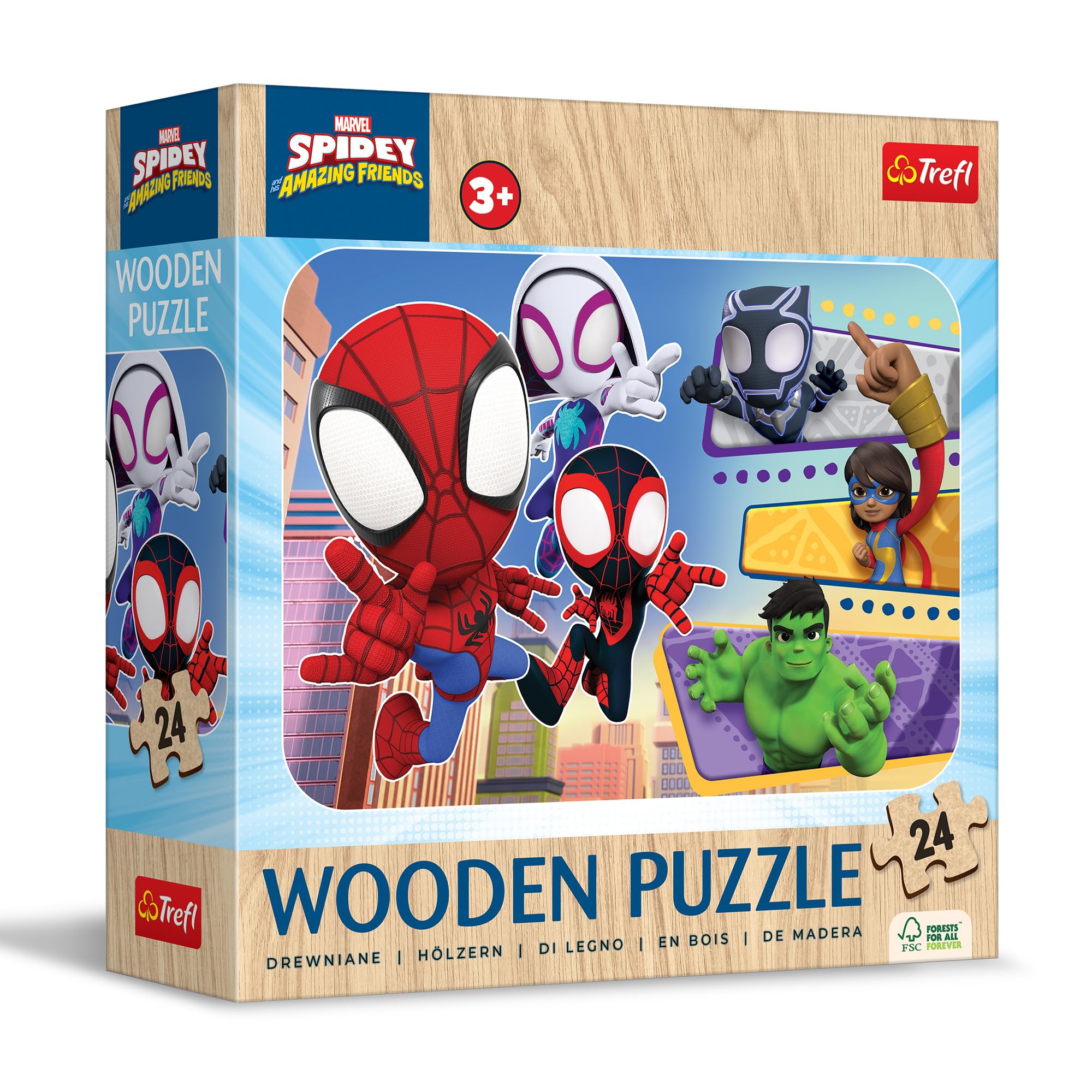 Trefl - Puzzle in Legno: Marvel, Spidey and his Amazing Friends, Il Coraggioso Spidey e gli Amici - 24 Pezzi, Wooden Puzzle, Bordi Arrotondati, Disegno sul Retro, per Bambini dai 3 anni