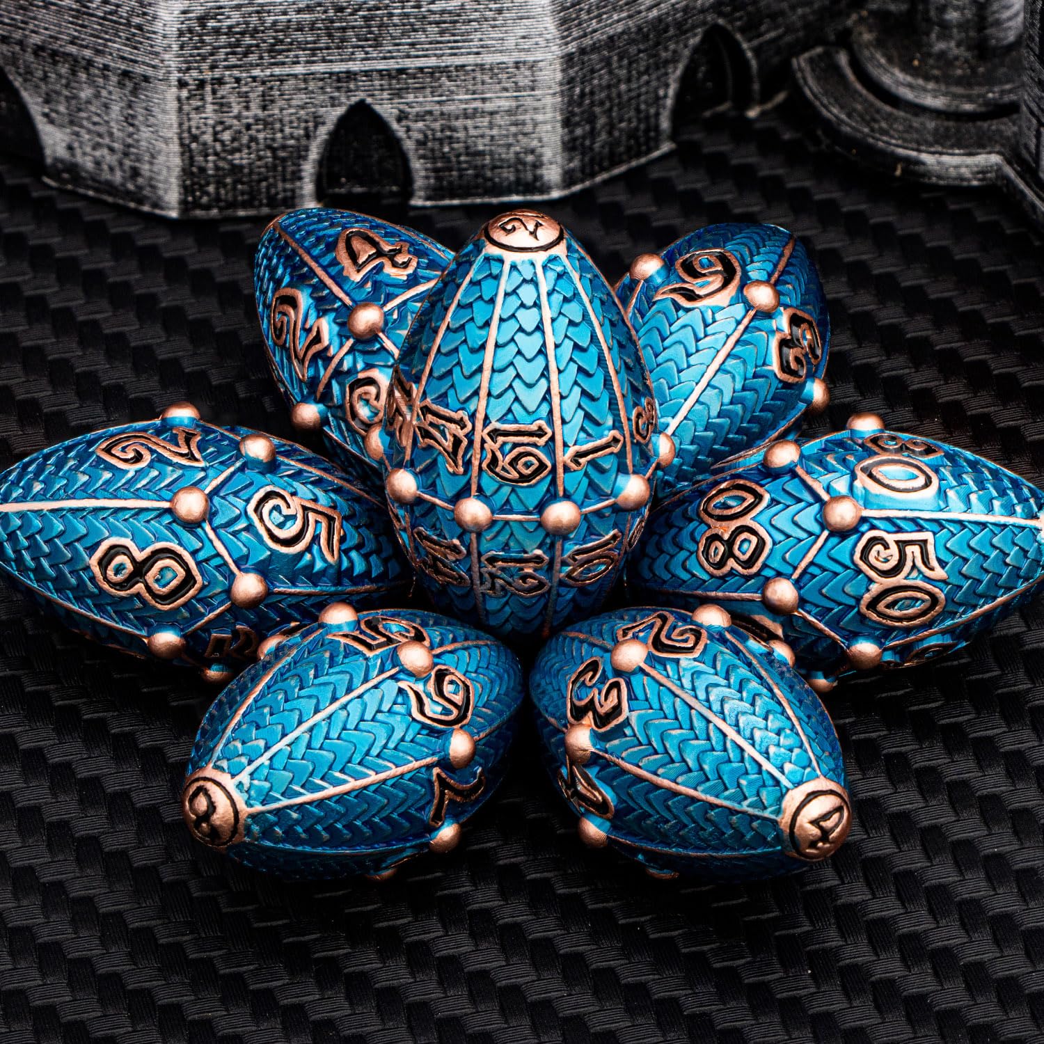 ARUOHHA DND - Dadi in metallo color rame blu con guscio di drago rotante, per giochi di ruolo, poliedrici D e D, set di dadi D20 D12 D10 D8 D6 D4