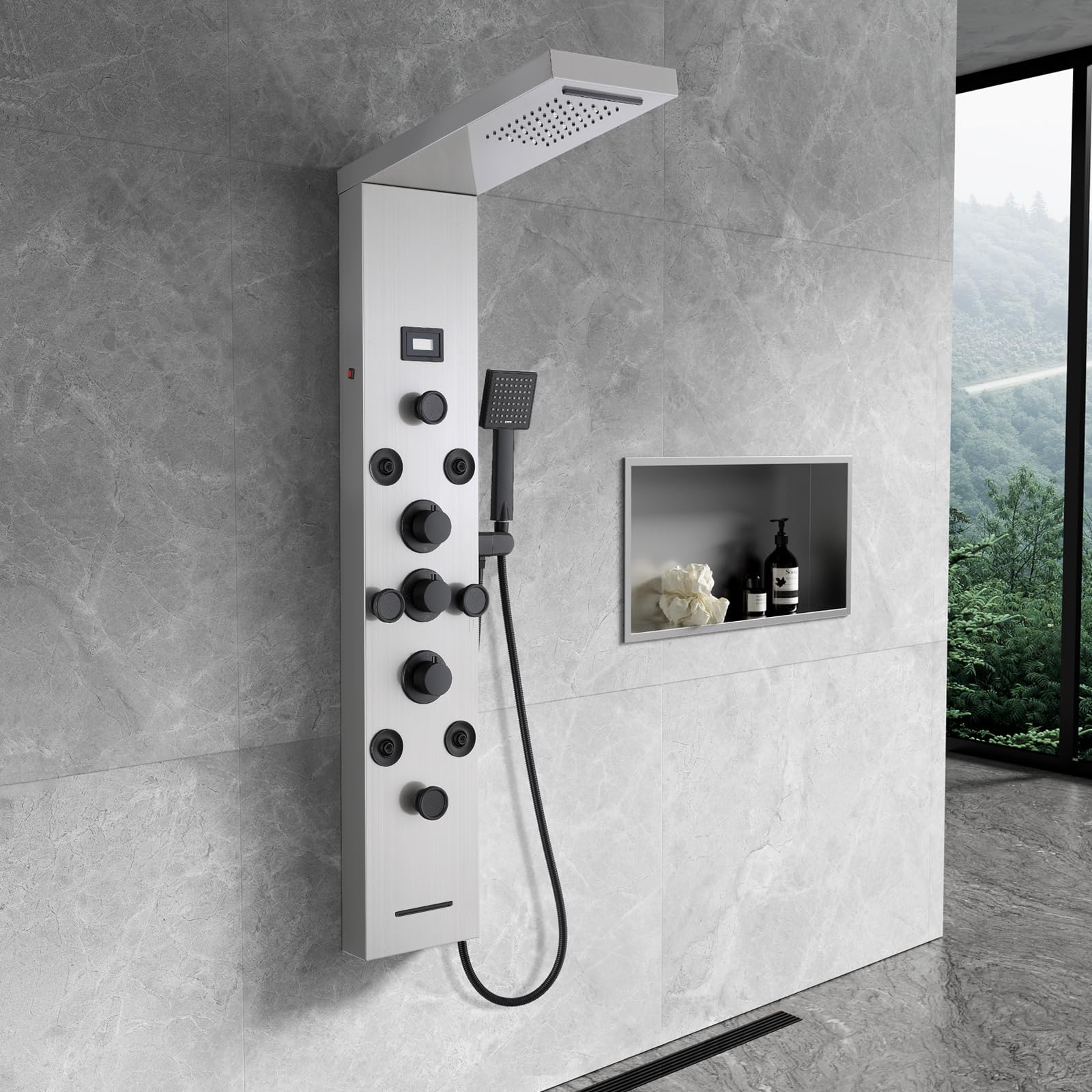 KEOKBON LED Shower Panel Tower with Temp Display 6 in 1 Shower Coulmn System Waterfall & Rainfall 8 Massage Handheld Shower Bath Spout, Brushed Stainless Steel & Black