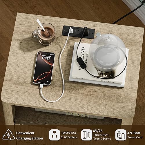 Miniatura 5 de Mesita de noche acanalada, mesita de noche curvada con iluminación de estación de carga, mesa auxiliar de madera con 2 cajones, mesa auxiliar