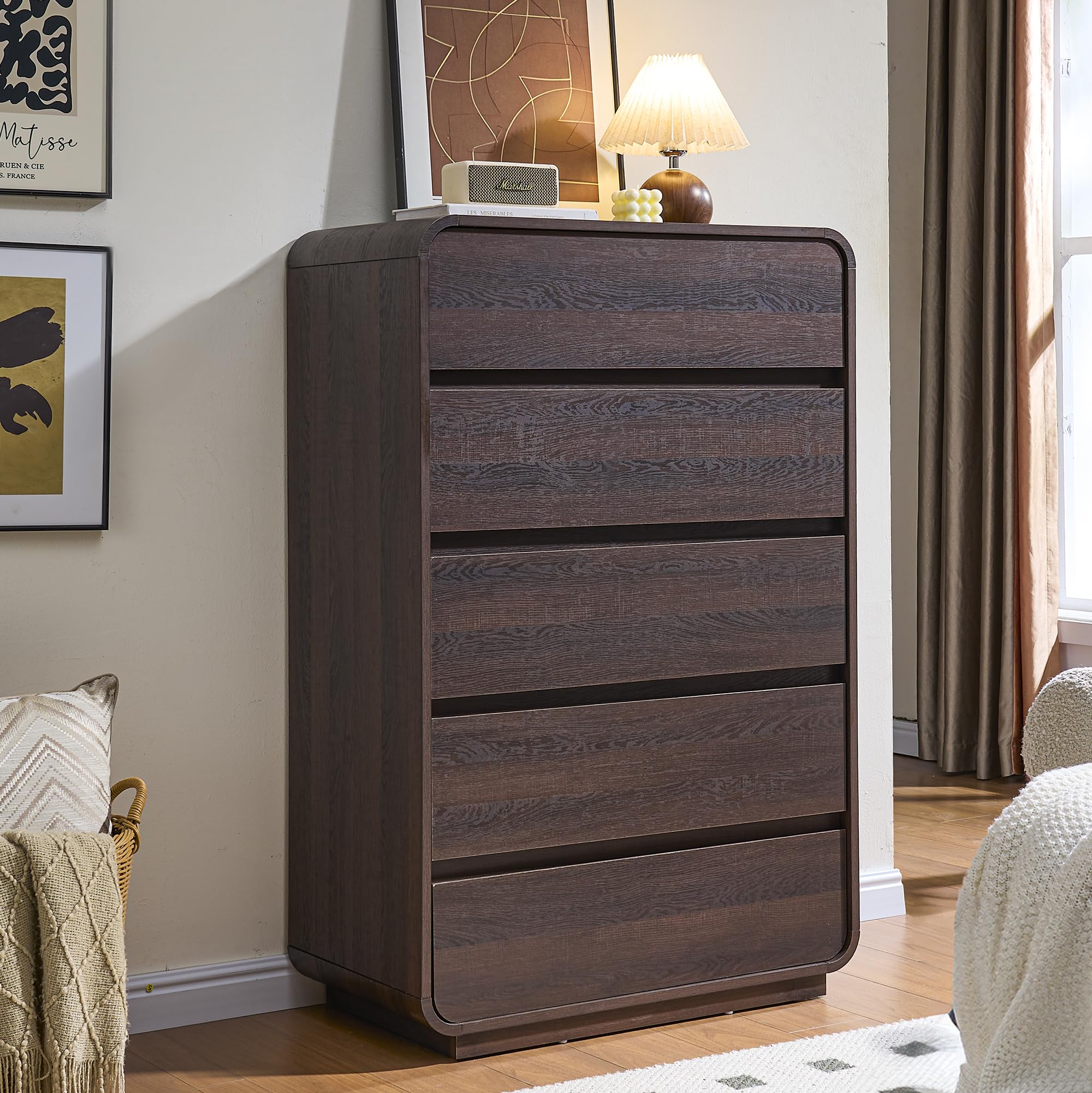 Walnut Dresser for Bedroom, Modern 5 Drawer Closet, Freestanding Dressers with Deep Drawers, Large Storage Organizer for Living Room, 29.5’’ W 15.4"D x 29.5"W x 46.3"H (5 Drawers) Walnut