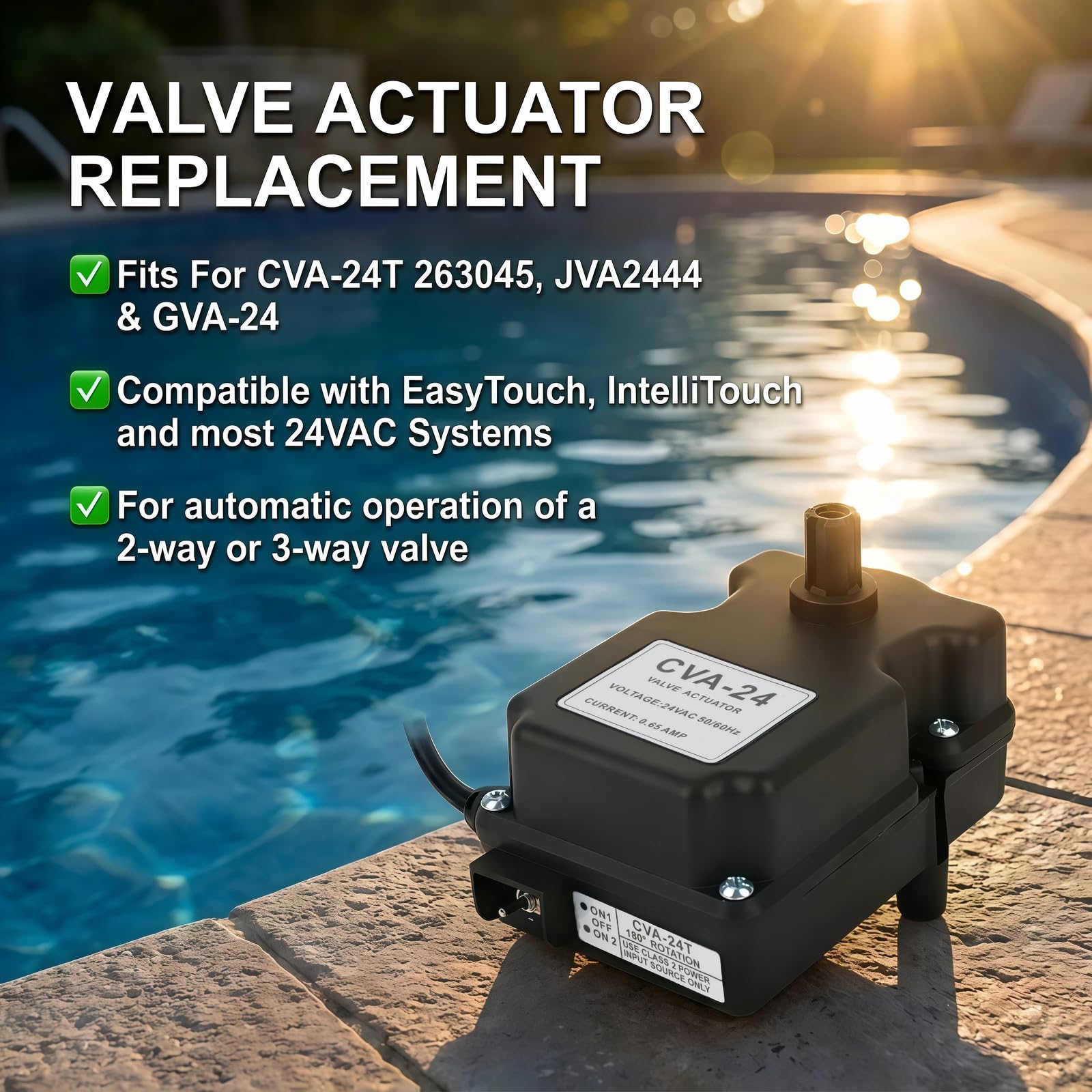 CVA-24T Actuador de válvula de piscina – Repuesto para Pentair 263045 24VAC desviador automático para combinaciones de piscina/spa – Cable de 15 pies, motor de válvula de 3 puertos, compatible