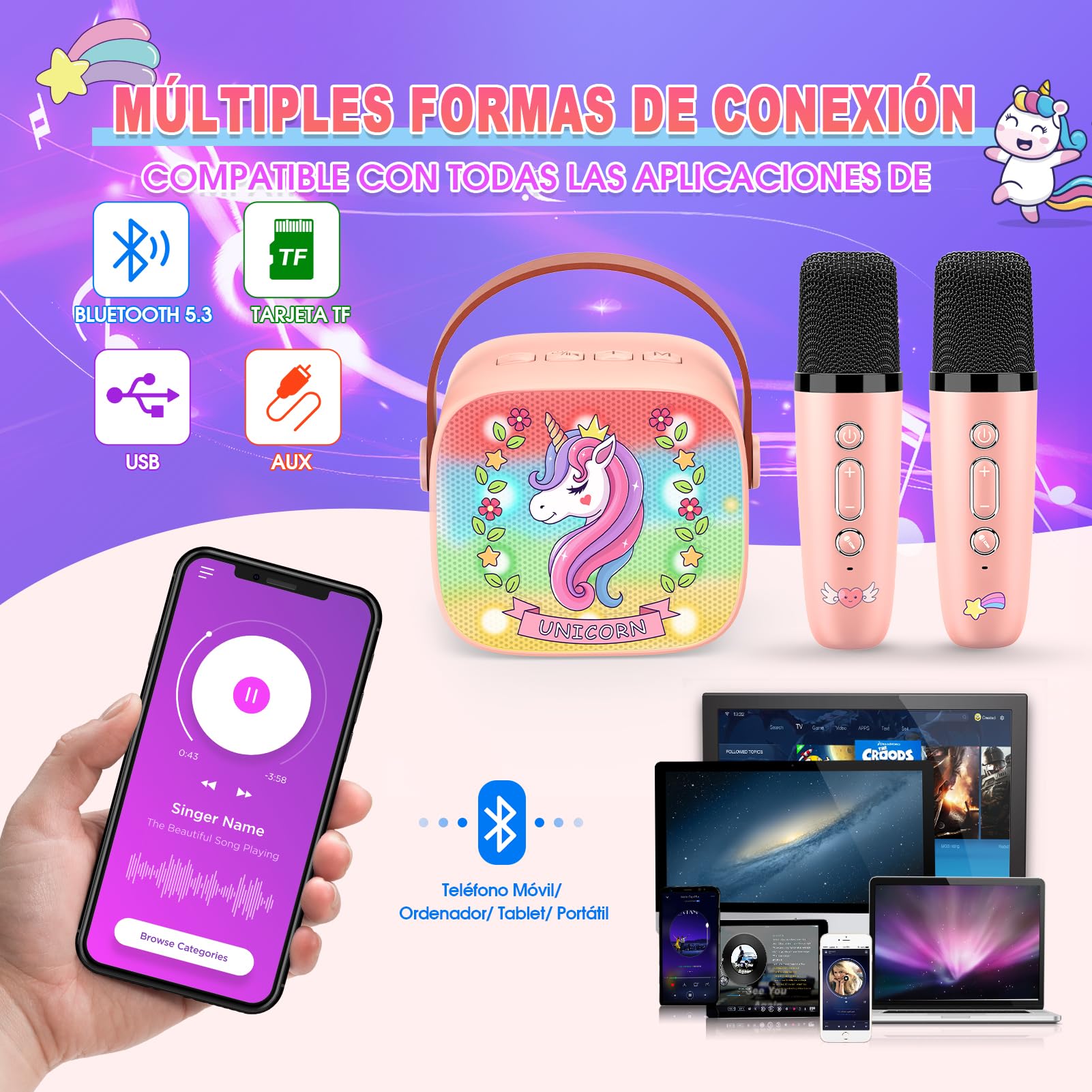 Dislocati Karaoke Infantil 2 Microfonos Inalambricos Karaoke, Unicornios Regalo para Niñas 3-12 Años Micrófono Inalámbrico Bluetooth para Cantar Juguetes Niña 3-12 Años Microphone Regalo Navidad Niña
