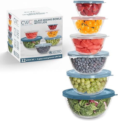 Miniatura 11 de COOK WITH COLOR Juego de 12 tazones de mezcla de vidrio con tapas – Tazones anidables de vidrio borosilicato para cocinar, hornear y preparación de