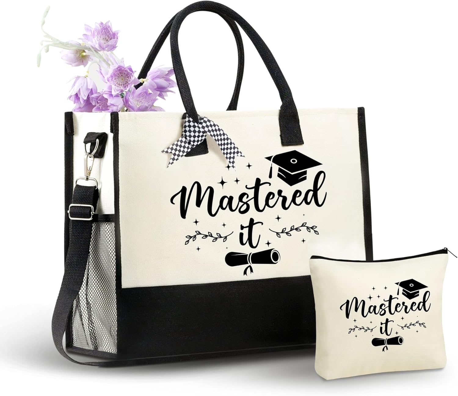 InnoBeta Masters Degree Graduation Gifts for Her Canvas Tote Bag with Top Zipper Closure and Shoulder Strap for Graduation - Master It