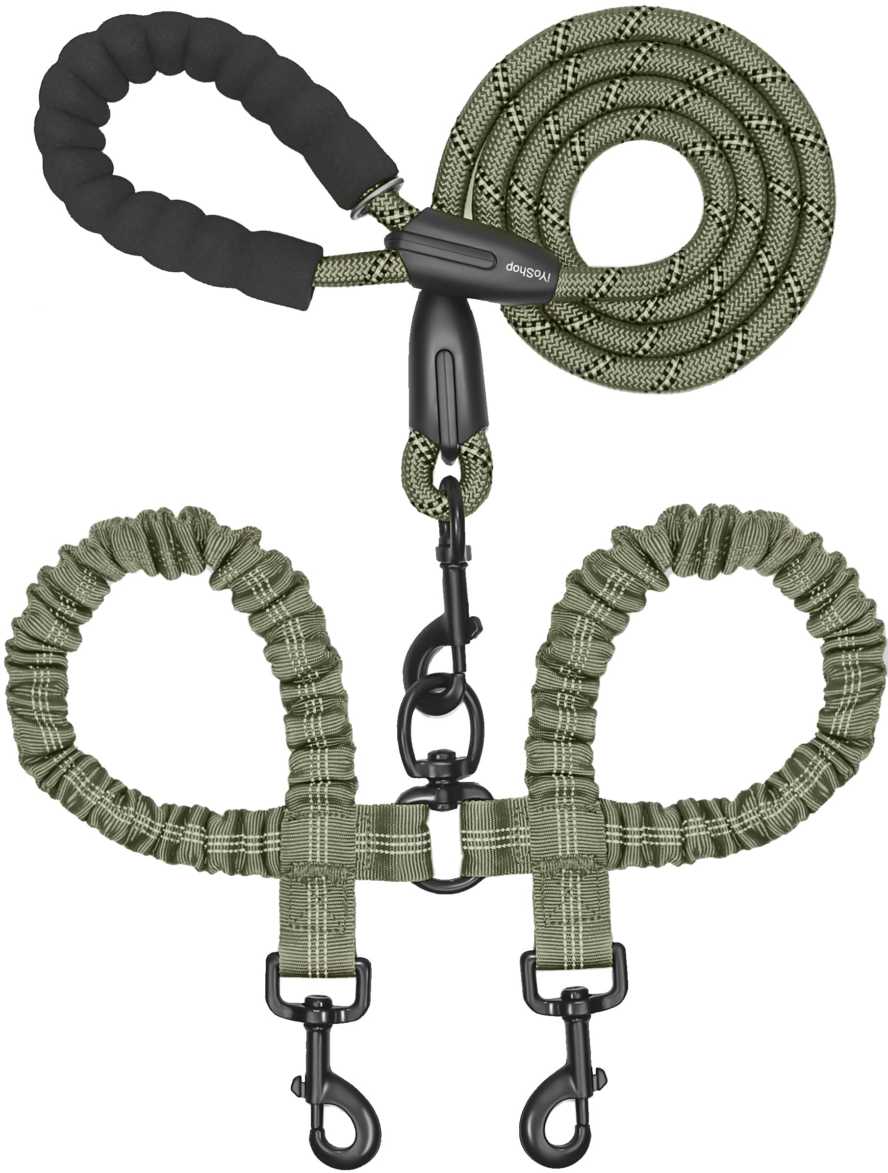 iYoShop Double Dog Leash, 360° Swivel, No Tangle, Medium, Military Green