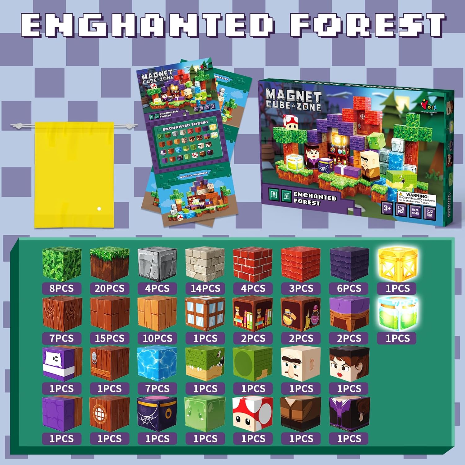 Magnetic Blocks 120PCS Enchanted Forest | STEM Educational Building Toys for Kids Age 3+, Creative Stacking Construction Set with 0.8in Magnet Cubes, Birthday Gift for Boys & Girls