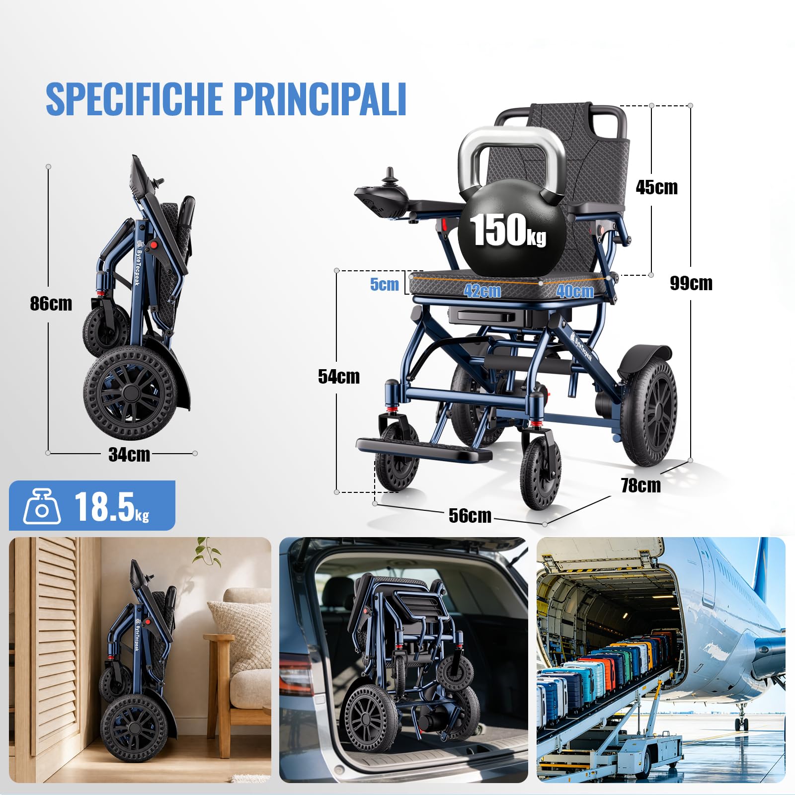 D14 Sedia a rotelle elettrica pieghevole leggera, autonomia 25km, motore 500W, struttura in lega di alluminio, soddisfa gli standard del trasporto aereo,carico 150kg-Blu