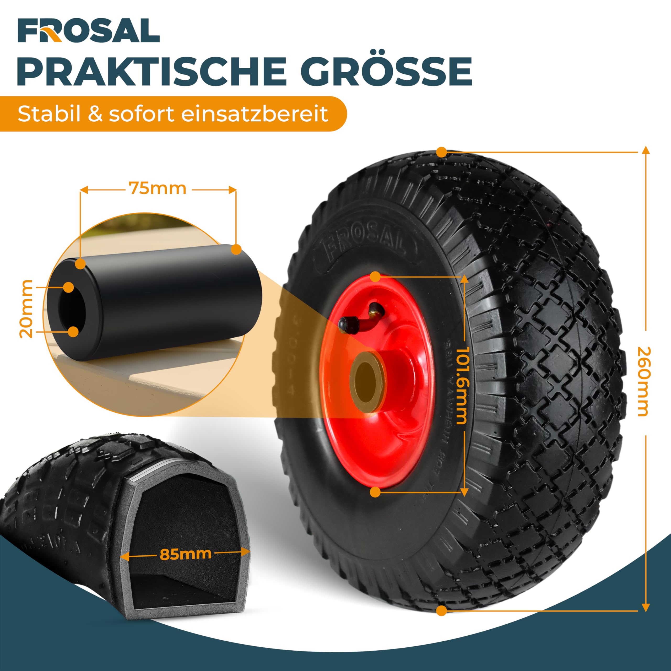 FROSAL 2x Luftrad 260mm (3.00-4) mit roter Stahlfelge – Ersatzrad für Bollerwagen & Sackkarre – Luftreifen mit Rollenlager, 20mm Achse – belastbar bis 150kg