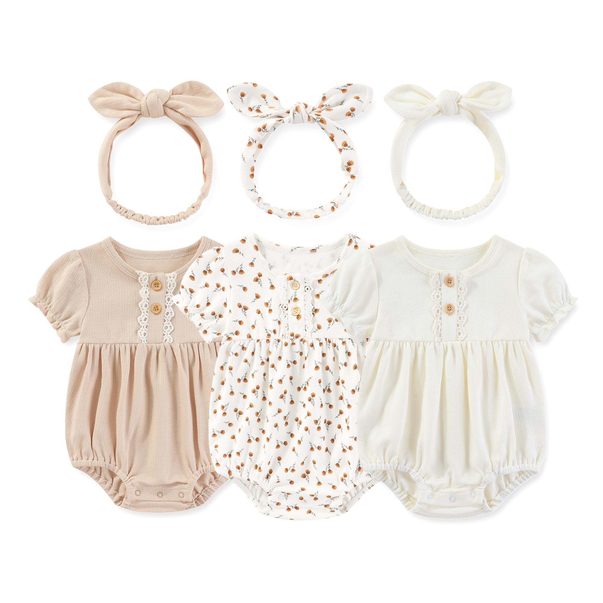 Newborn Baby Girl Clothes Cotton Bubble Romper Floral Short Sleeve Bodysuit 3 Pack