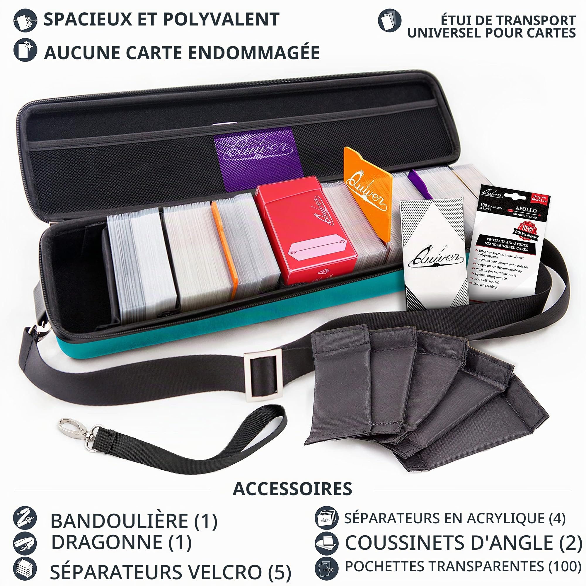 Quiver Time Étui de Transport de Cartes Turquoise, Deckbox TCG | Contient 1350+ cartes, cuir PU, séparateurs velcro ajustables, bandoulière, 100 protège-cartes Apollo, pour MTG Commander