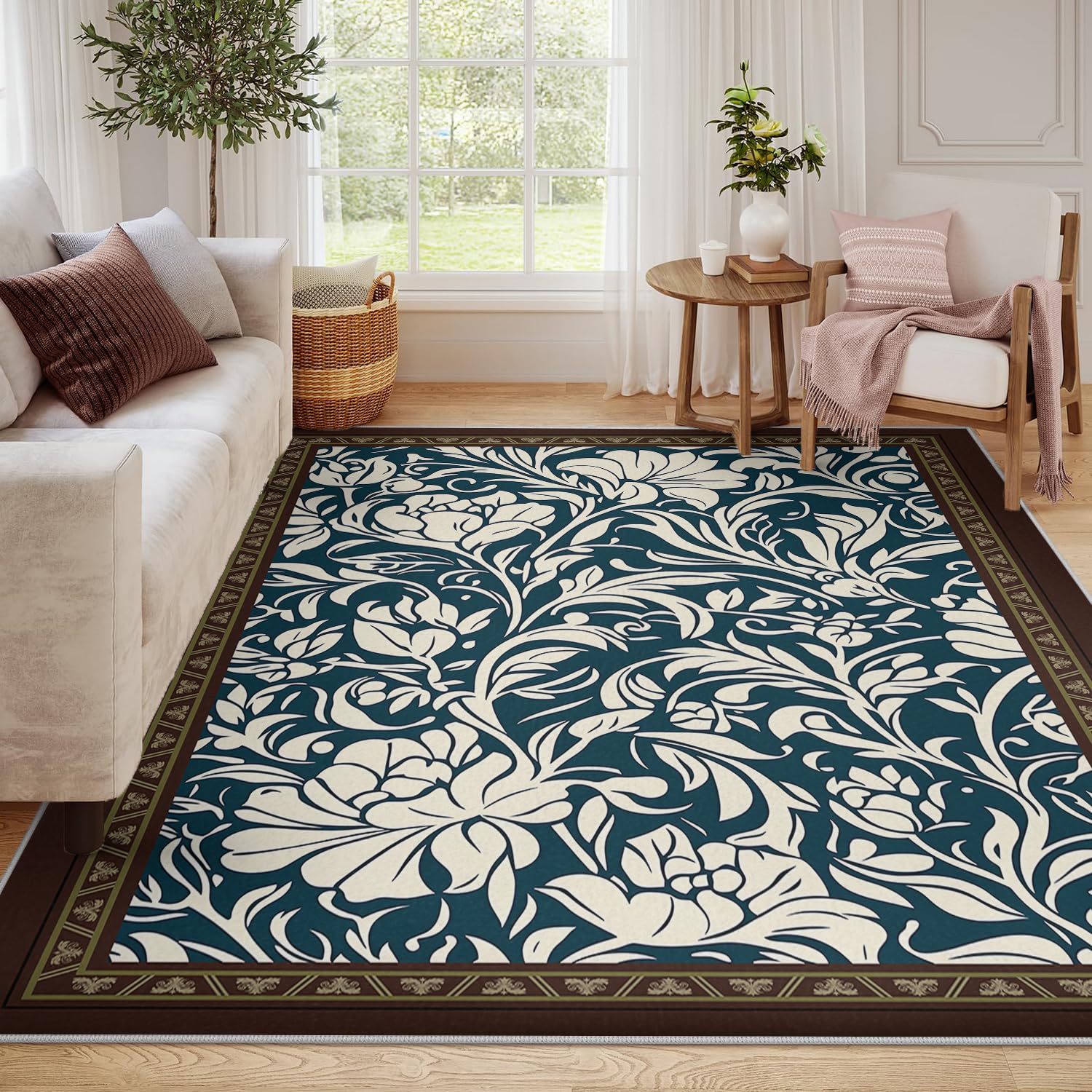 Tradycyjny dywan tarasowy 120 x 180 cm, turkusowy i beżowo-botaniczny nadruk kwiatowy, brązowe dywaniki na krawędziach, do gabinetu, biura, ciepłe, przytulne, nisko kwiatowe maty podłogowe
