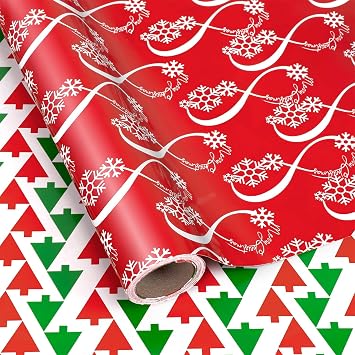 Ranfashiong Reversible Double Sided Christmas Wrapping Paper Mini Roll | 17 Inch x 24.6 Ft Red Snowflake Xmas Gift Wrap, Small Holiday Decorative Wrapping Paper for Christmas Presents