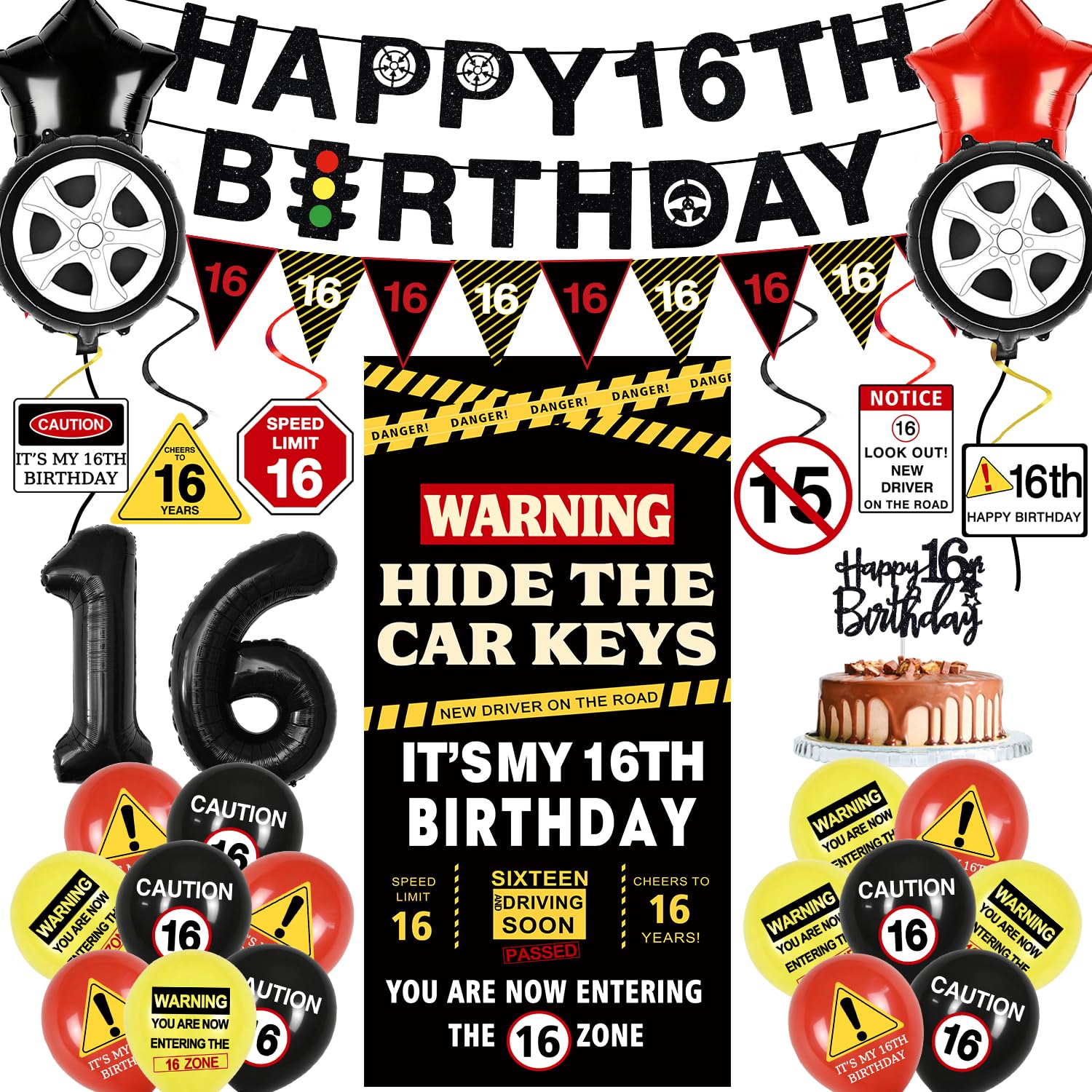16th Birthday Decorations for Boys Girls,Black Caution Happy 16th Birthday Themed Party Supplies, Complete Set with Backdrop, Banner, Balloons, Perfect for 16 Year Old Boy Bday Decorations