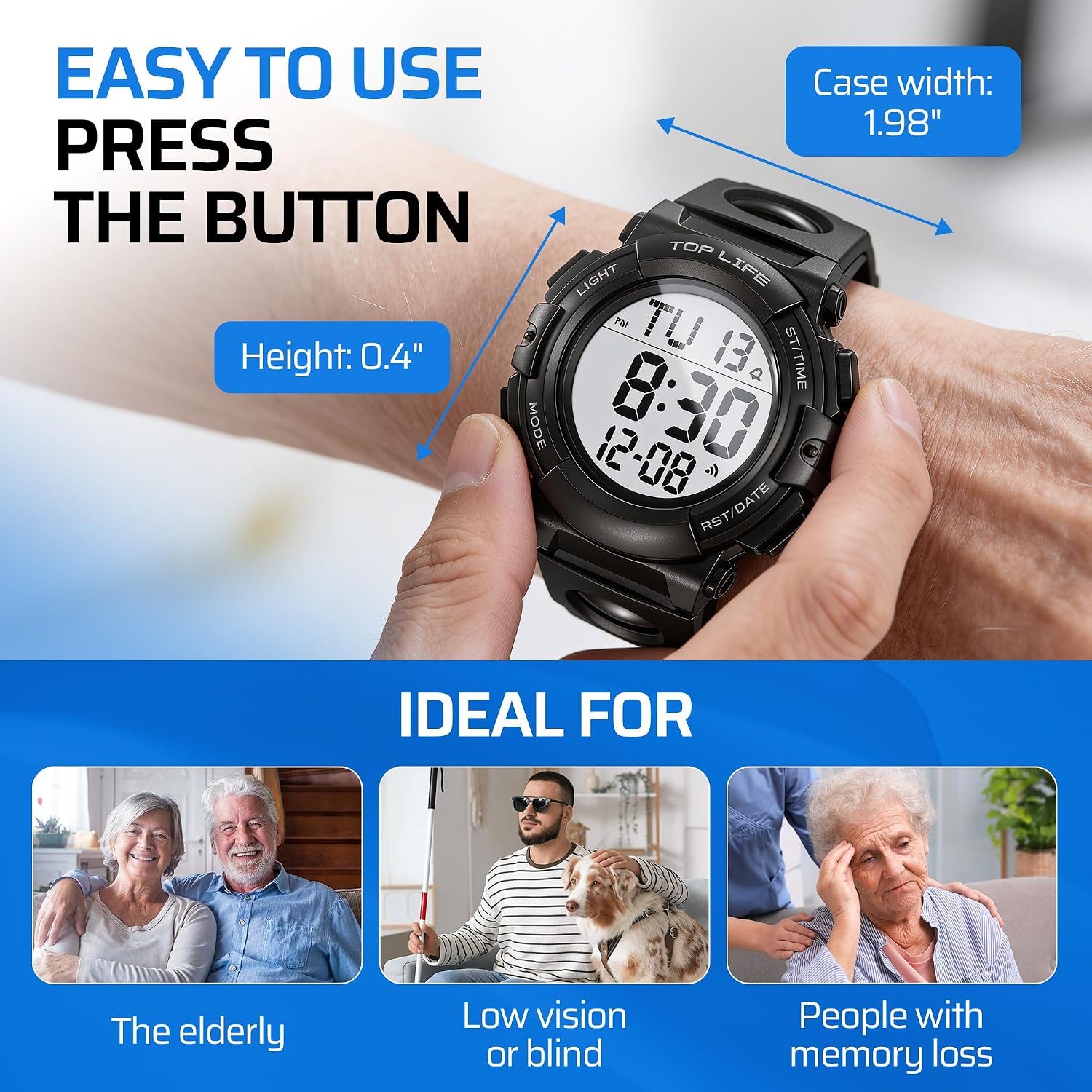 Talking Watch for Seniors & Low Vision - Oversized Digits for the Blind