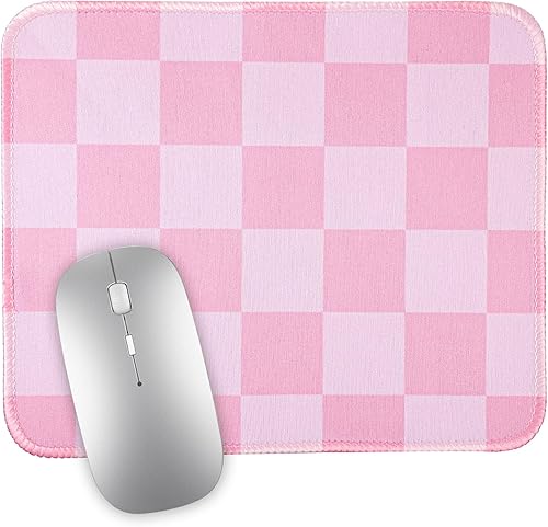 Alfombrilla de mouse rosa cuadrada con base de goma antideslizante, patrón retro a cuadros, textura de computadora, bonita decoración de laptop,