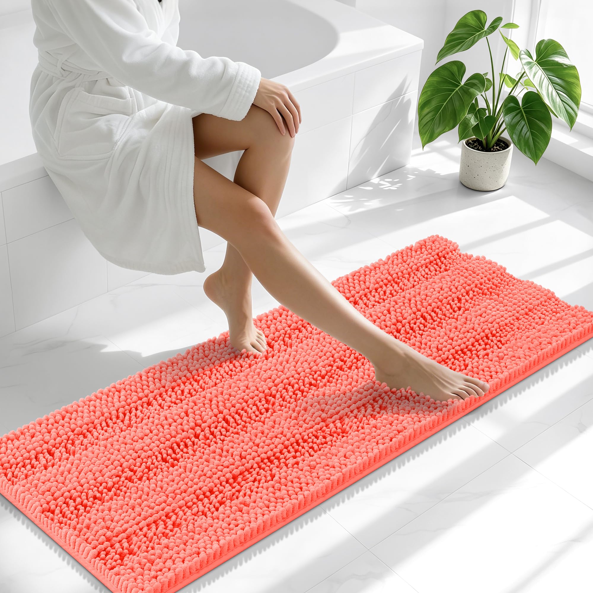 Smiry Thick Chenille Bathroom Runner Rugs 47x17, Absorbent Bath Mat, Coral